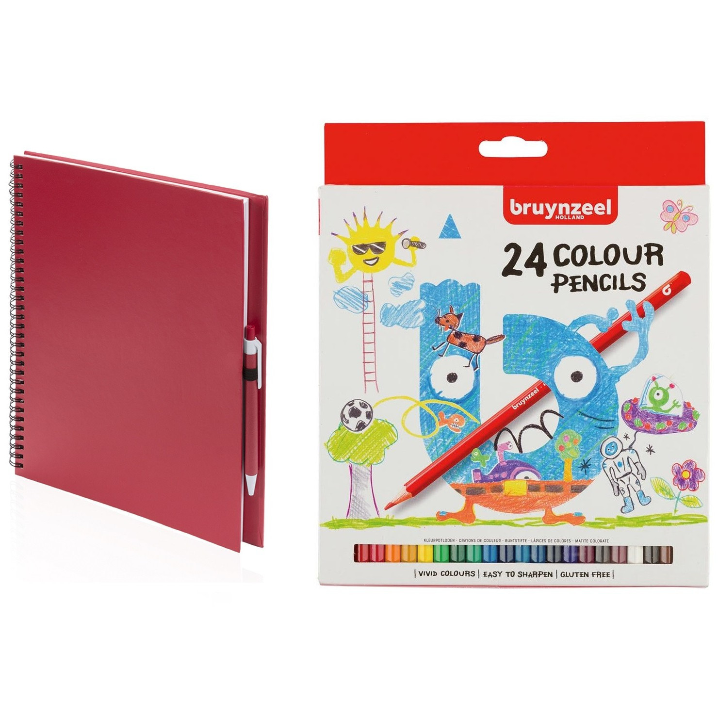 Schetsboek/tekenboek rood met 24 kleurpotloden