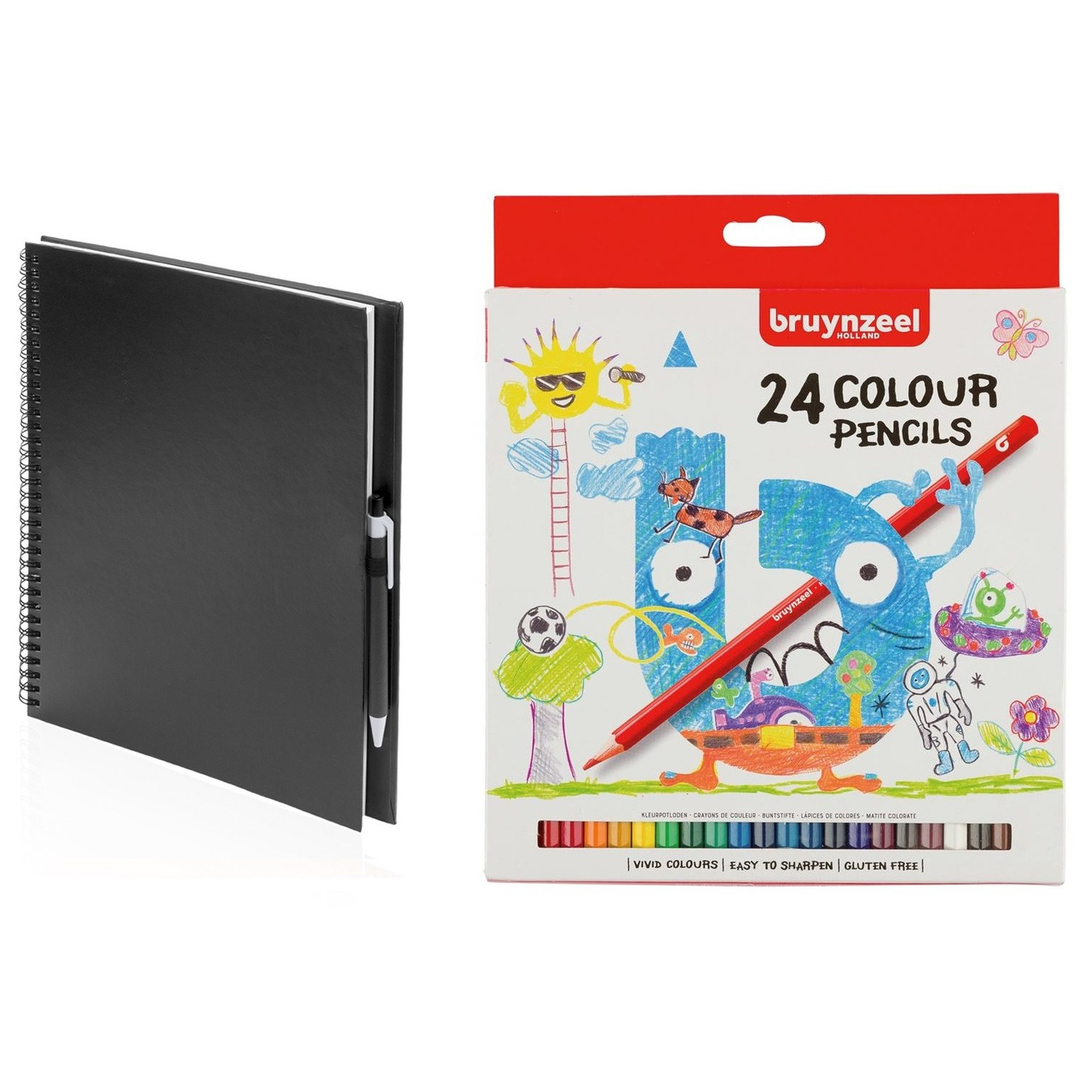 Schetsboek/tekenboek zwart met 24 kleurpotloden