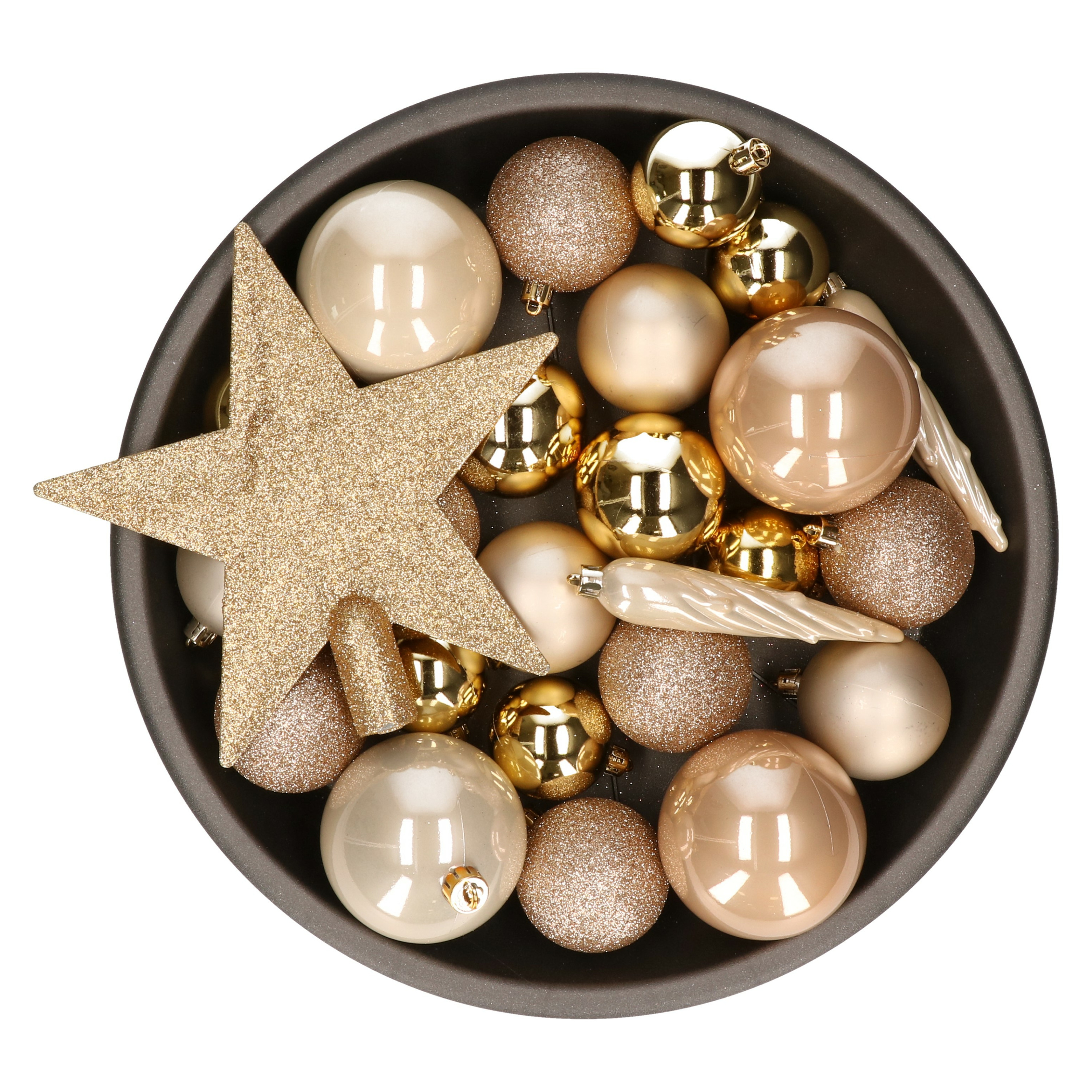 Set van 33x stuks kunststof kerstballen met ster piek goud-champagne-bruin mix