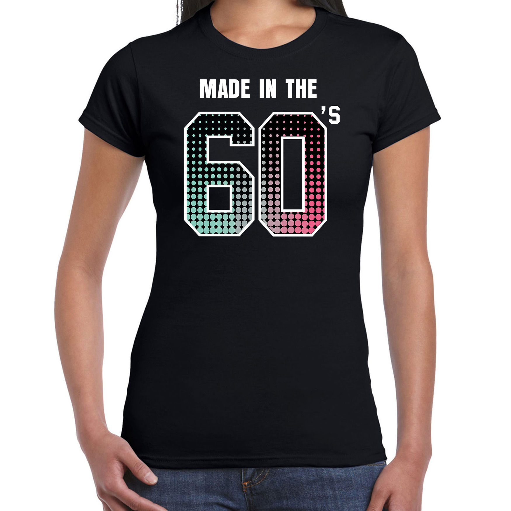 Sixties t-shirt-shirt made in the 60s-geboren in de jaren 60 zwart voor dames