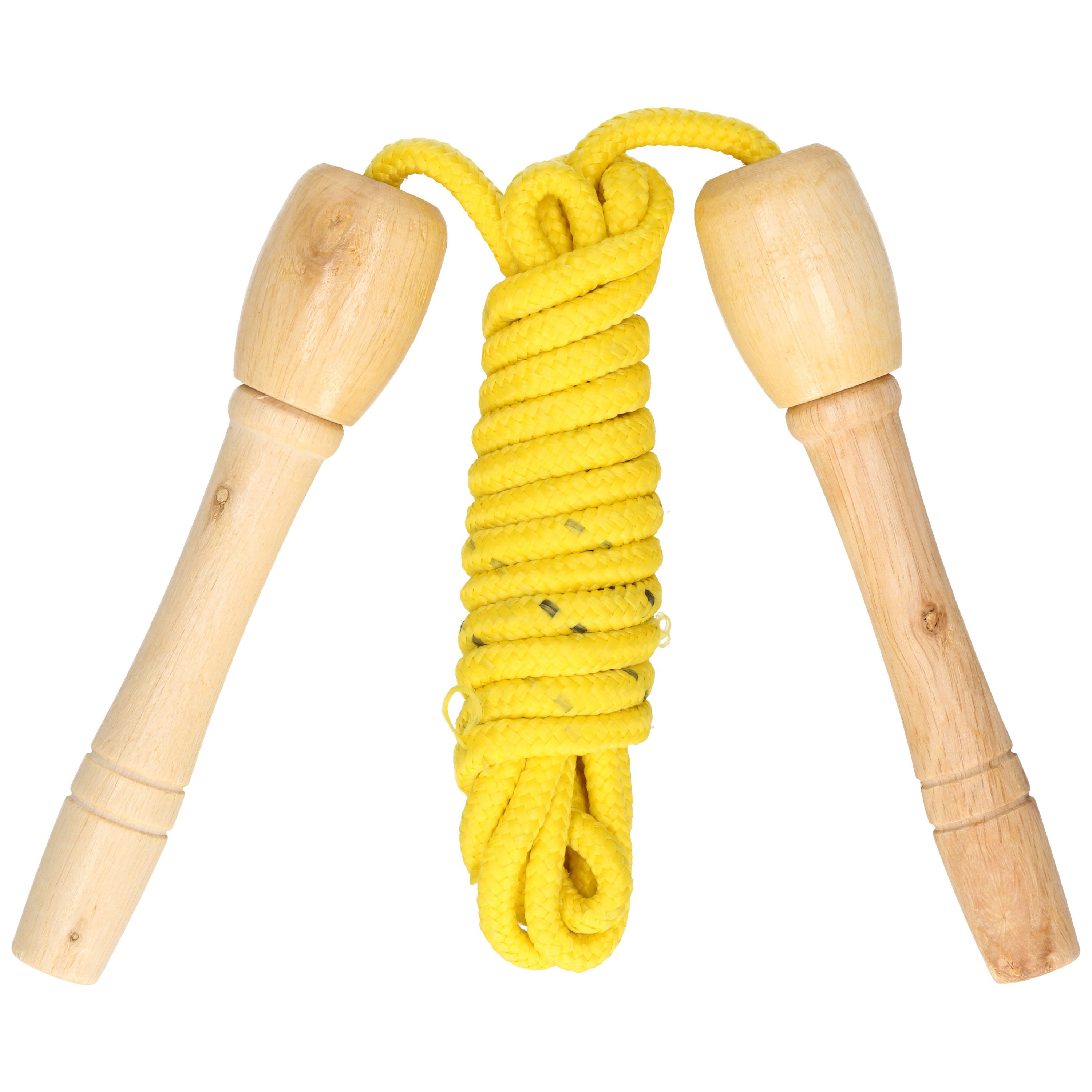Springtouw speelgoed met houten handvat geel 240 cm buitenspeelgoed