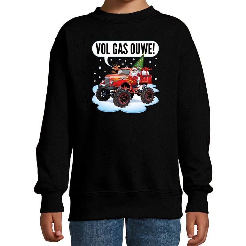 Stoere kersttrui - sweater vol gas ouwe monstertruck zwart kids