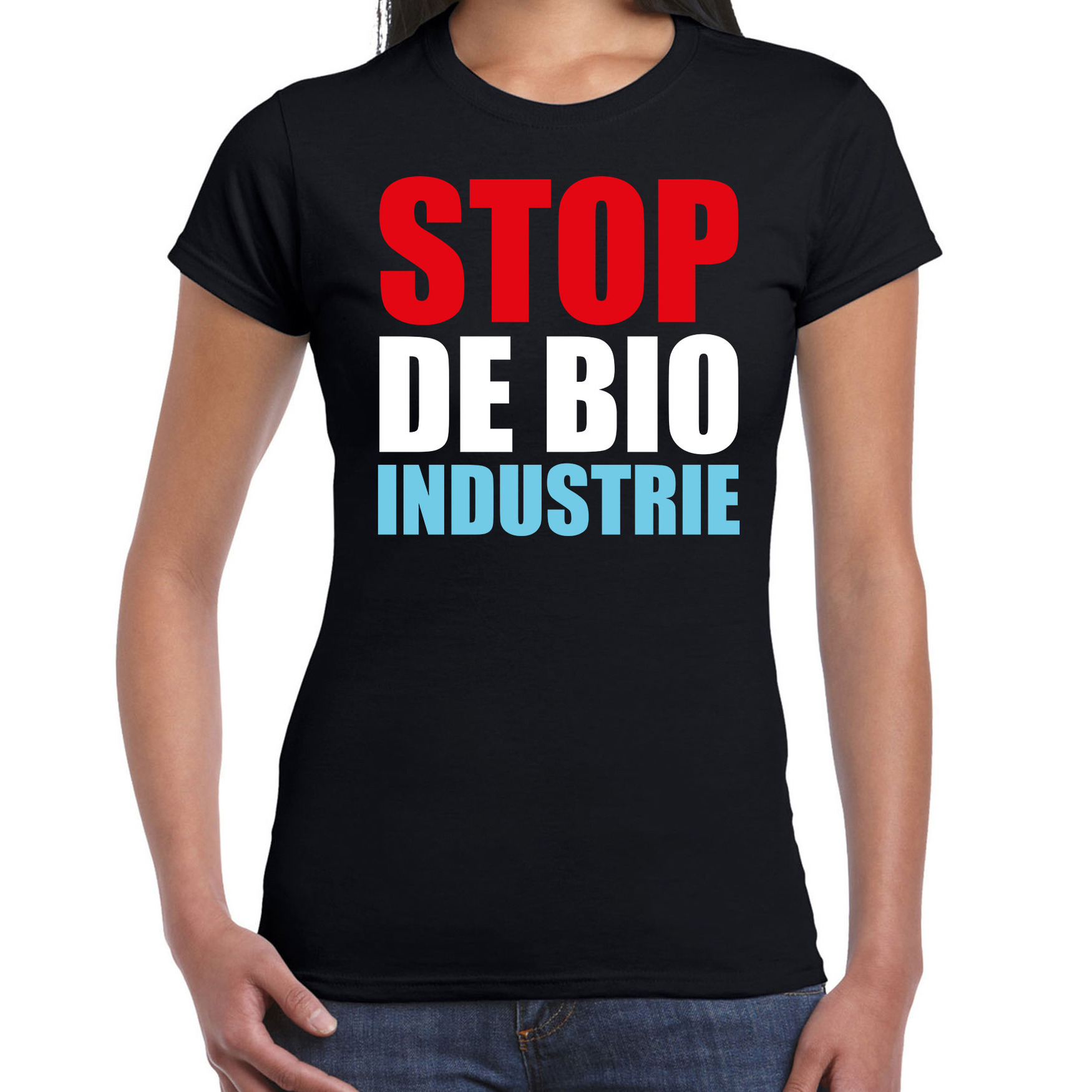 Stop de bio industrie demonstratie-protest t-shirt zwart voor dames