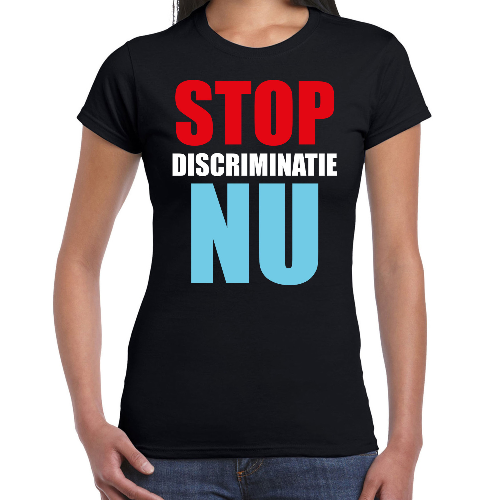 Stop discriminatie NU demonstratie-protest t-shirt zwart voor dames