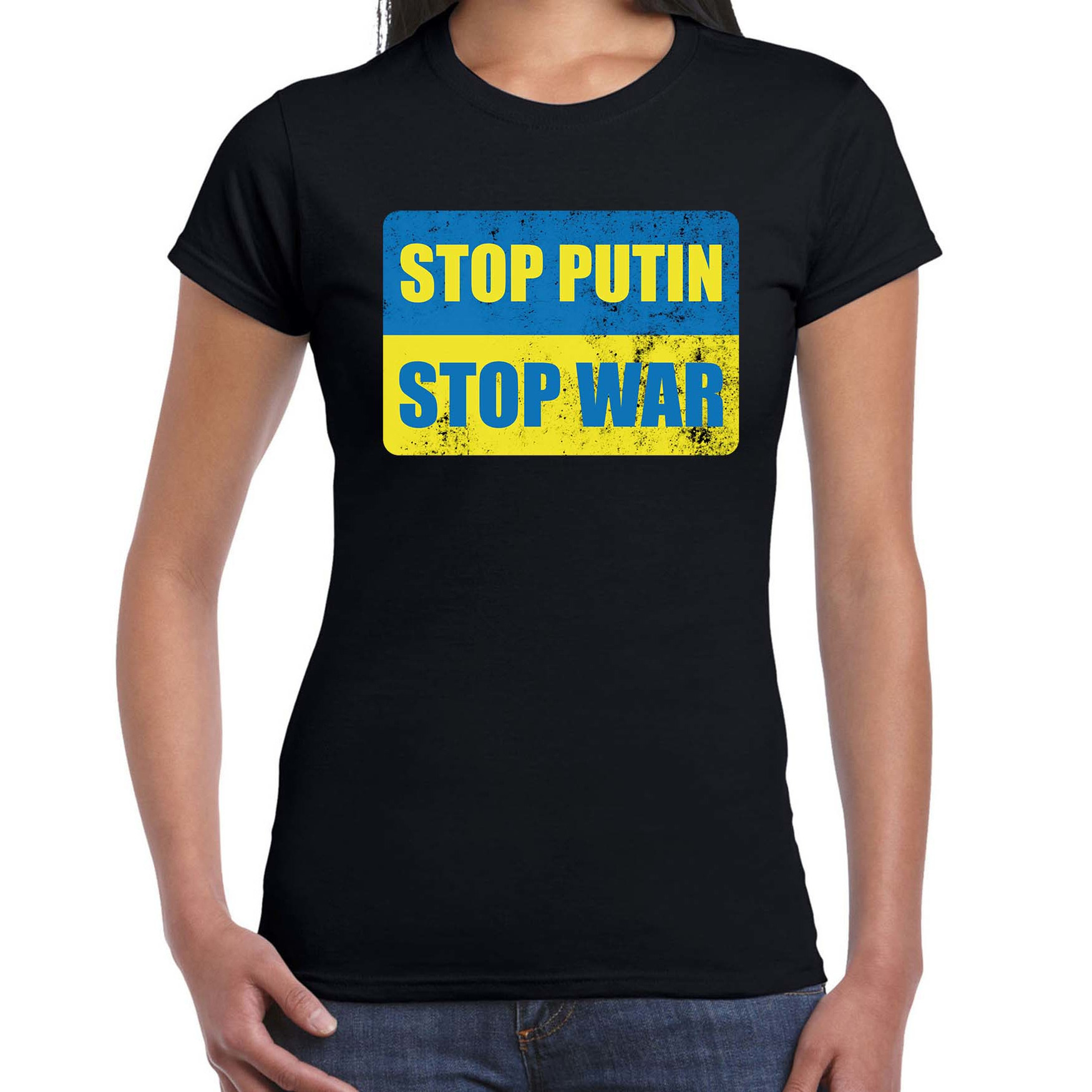 Stop putin stop war t-shirt zwart dames Oekraine shirt met Oekraiense vlag