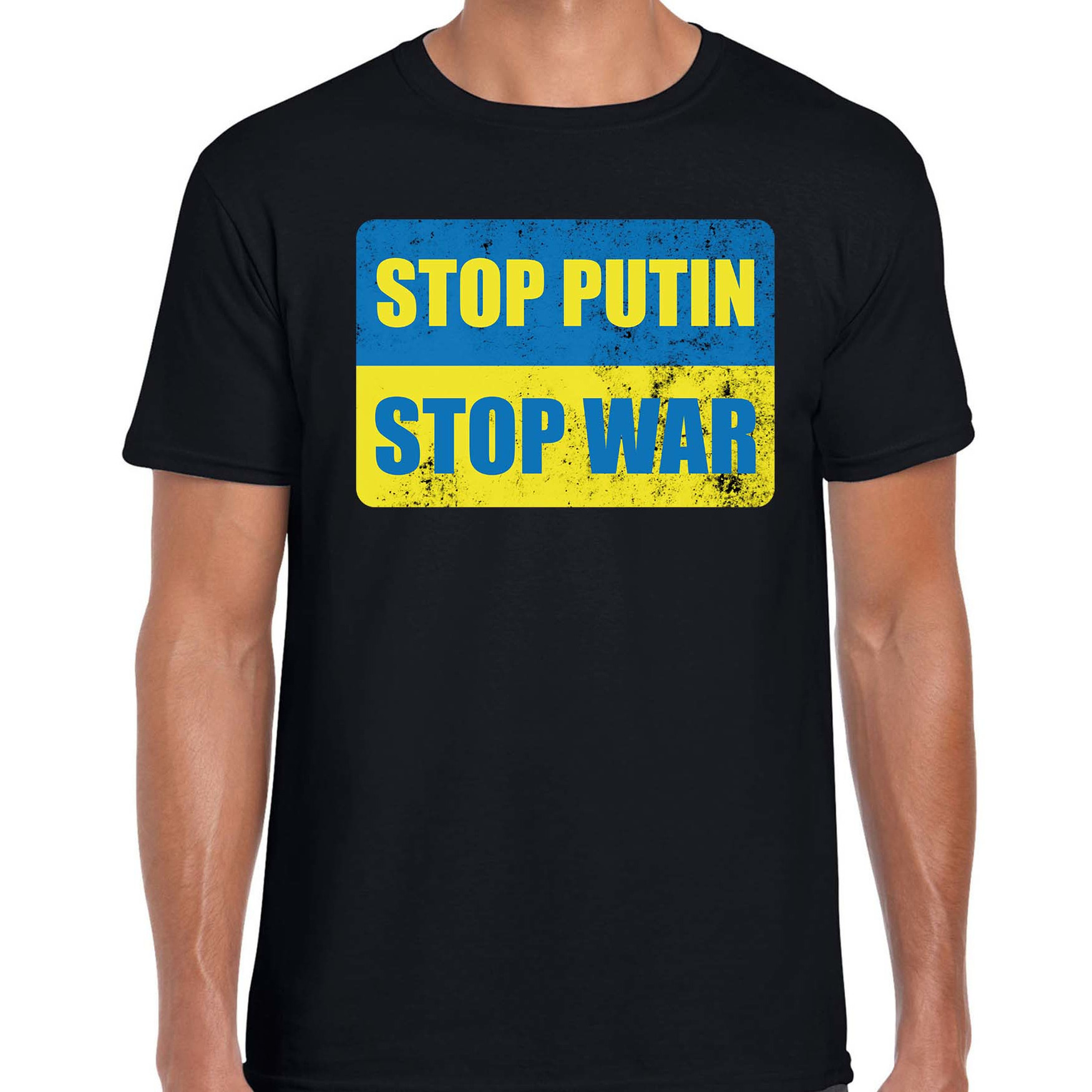 Stop putin stop war t-shirt zwart heren Oekraine shirt met Oekraiense vlag
