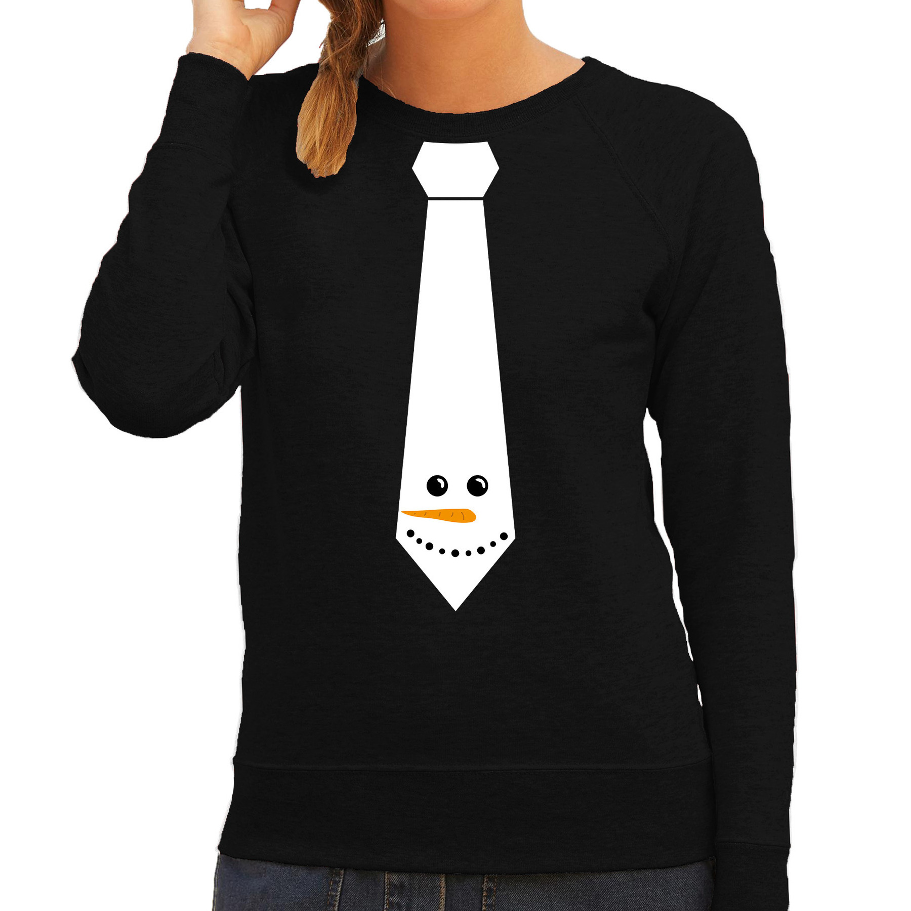 Stropdas Kerst trui-sweater sneeuwpop voor dames zwart