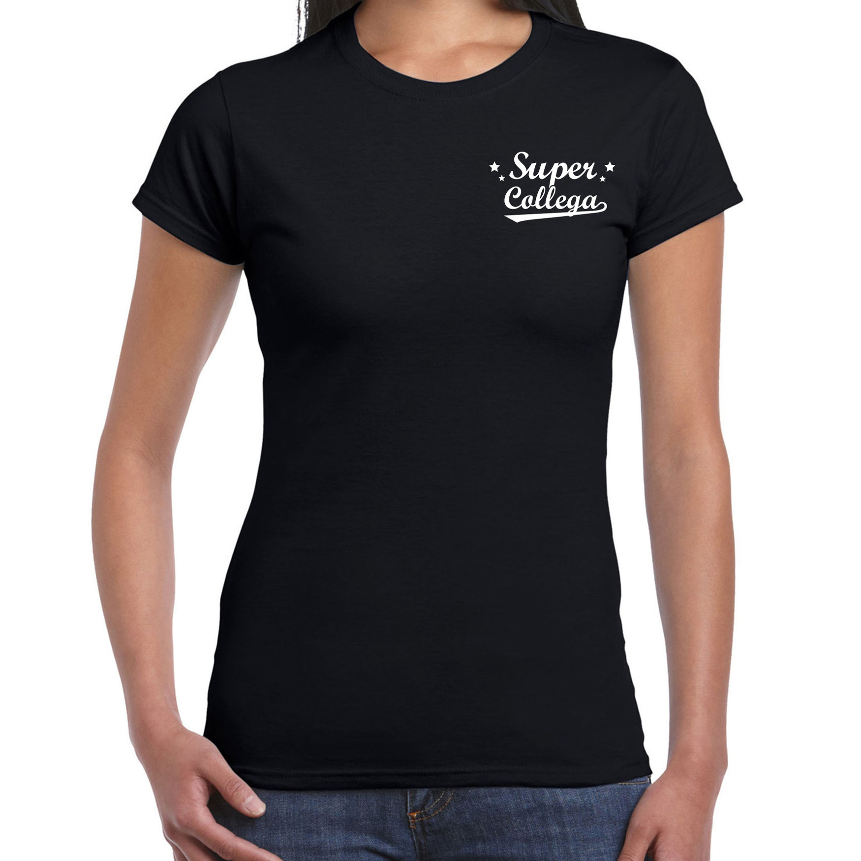 Super collega cadeau t-shirt zwart op borst voor dames