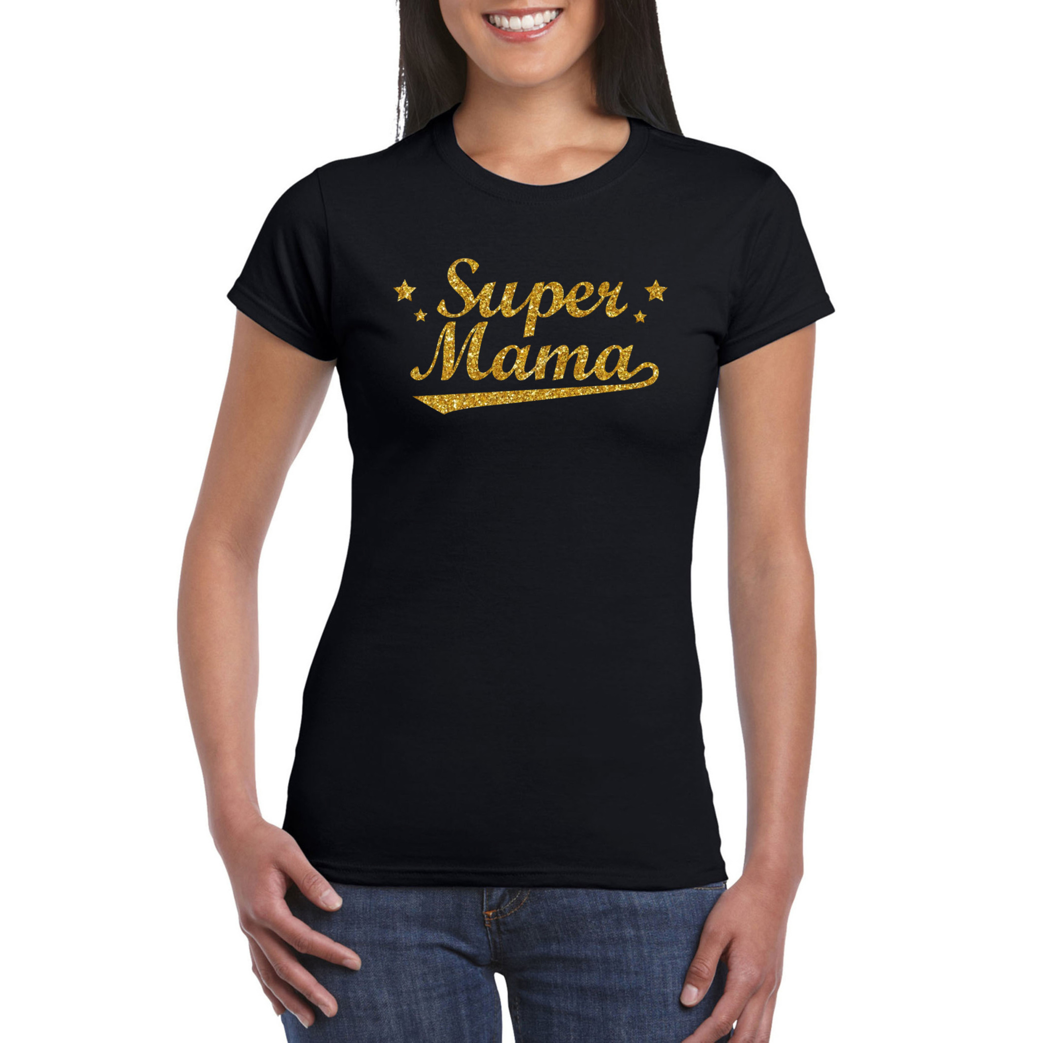 Super mama cadeau t-shirt met gouden glitters op zwart voor dames