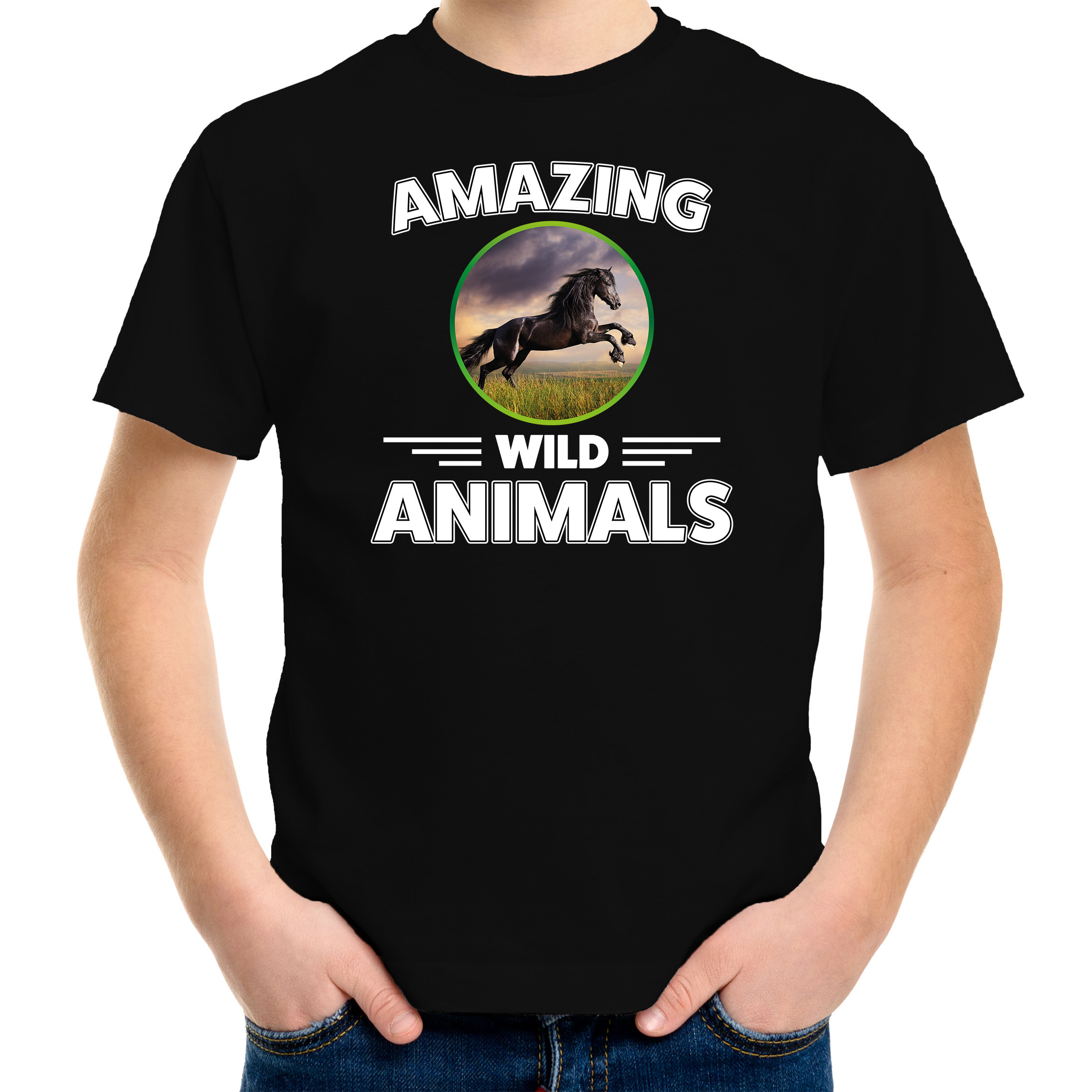 T-shirt paarden amazing wild animals-dieren zwart voor kinderen