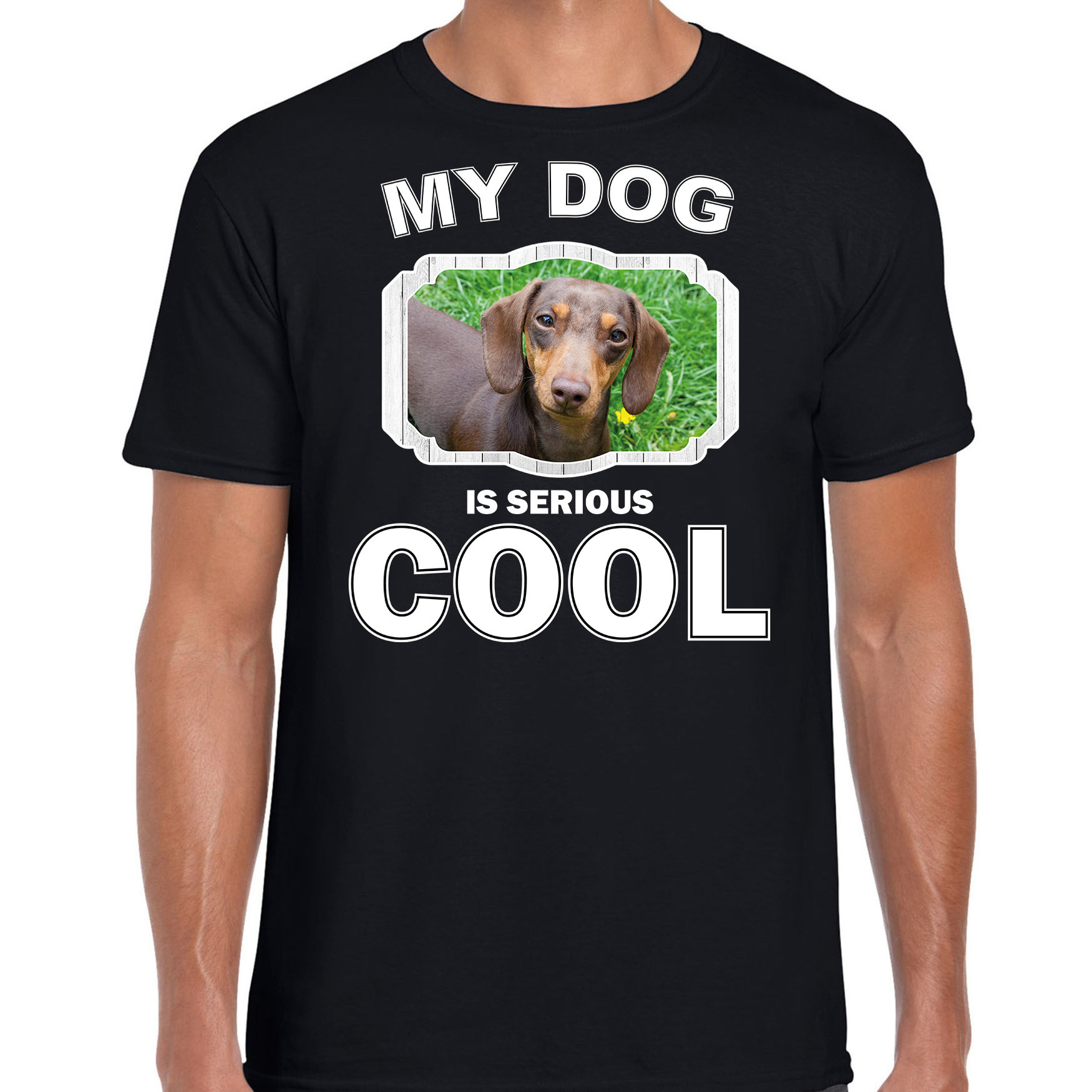 Teckel honden t-shirt my dog is serious cool zwart voor heren