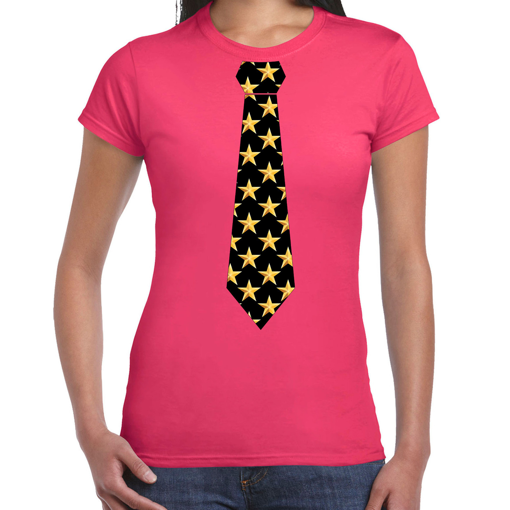 Thema-verkleed feest stropdas t-shirt sterretjes voor dames roze
