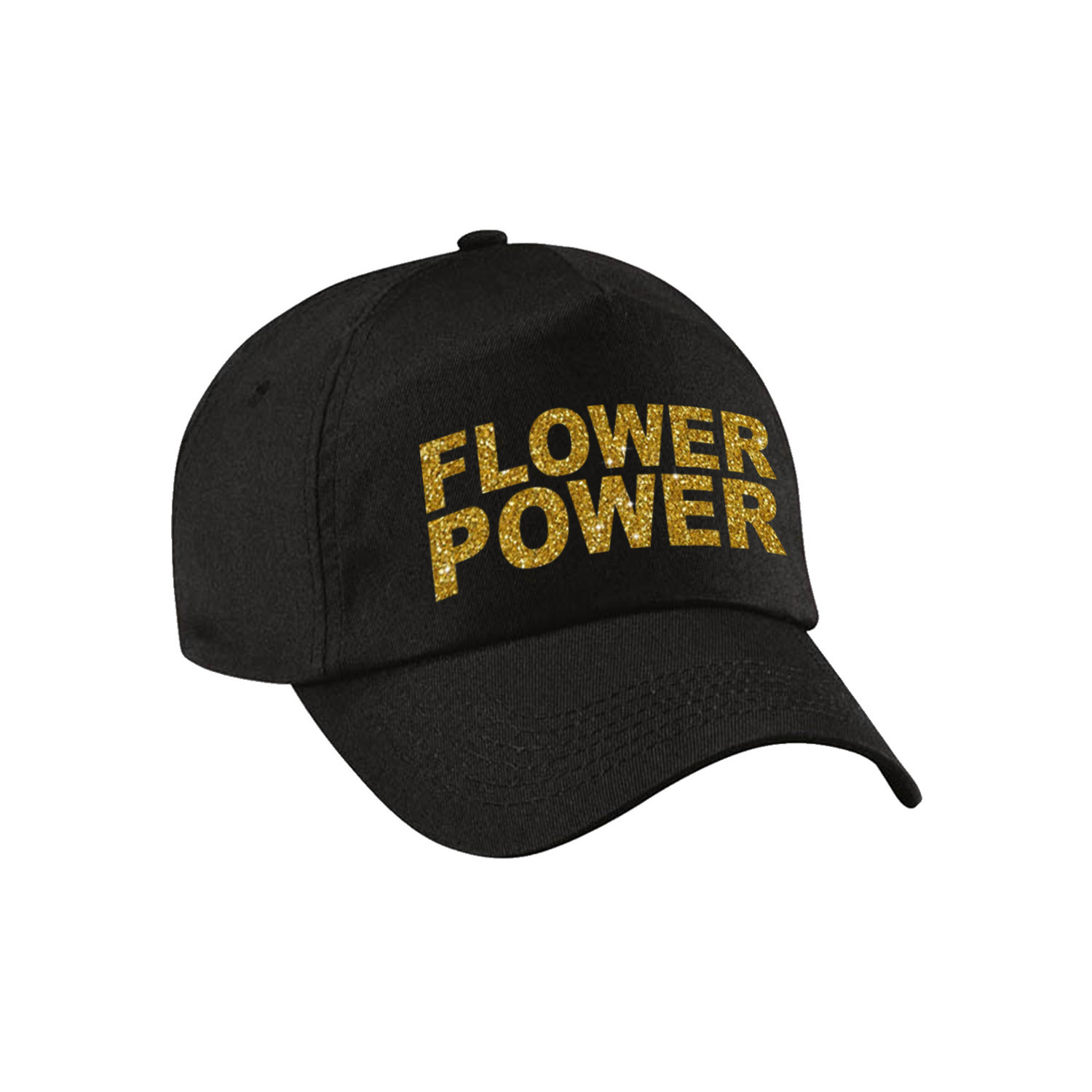 Toppers - Gouden glitter letters flower power verkleed pet/cap zwart volwassenen