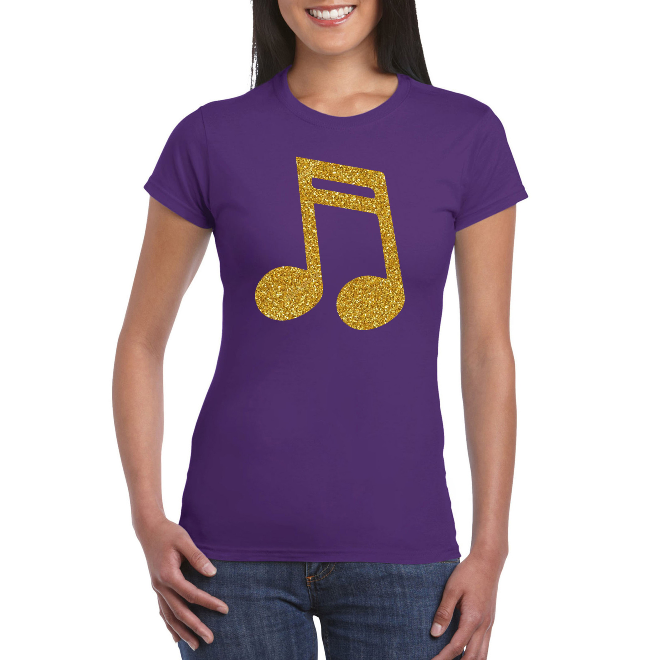 Toppers - Gouden muziek noot - muziek feest t-shirt - kleding paars dames