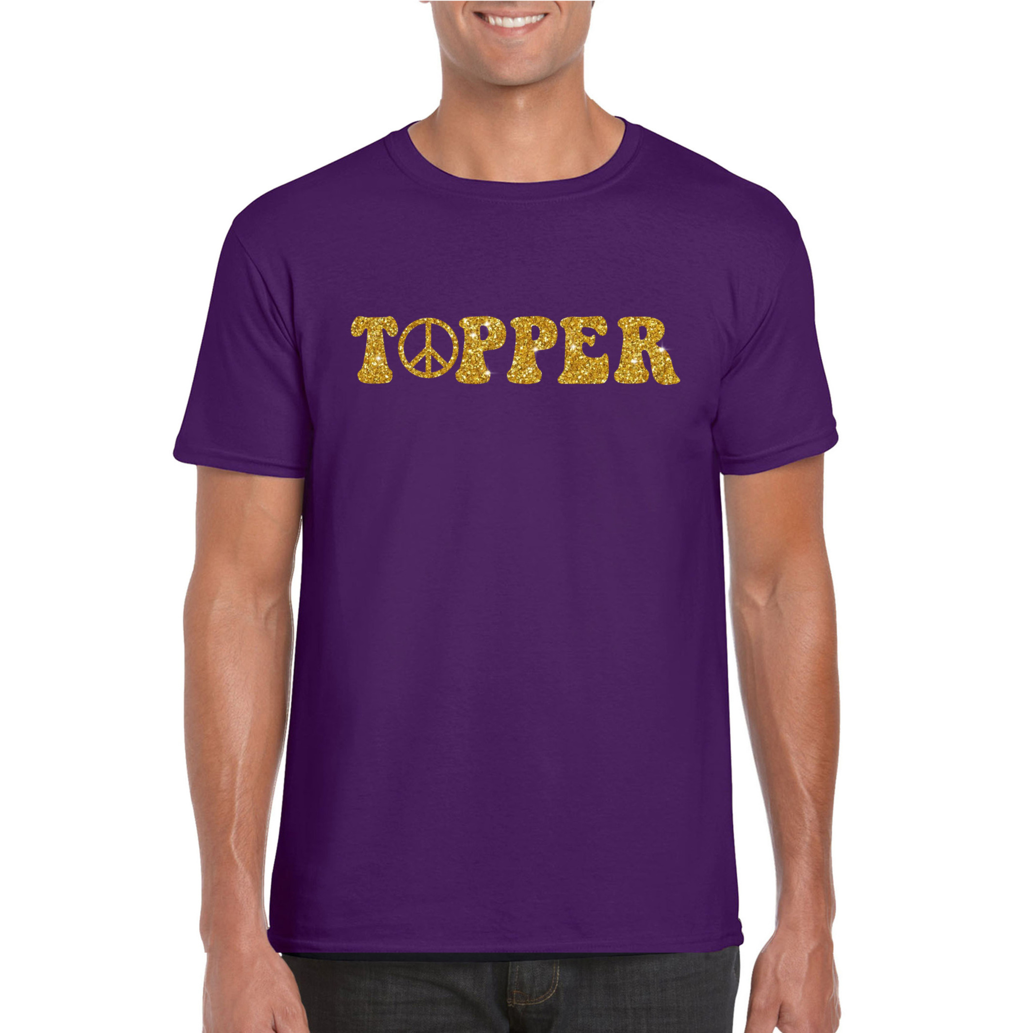 Toppers Paars Flower Power t-shirt Topper met gouden letters heren