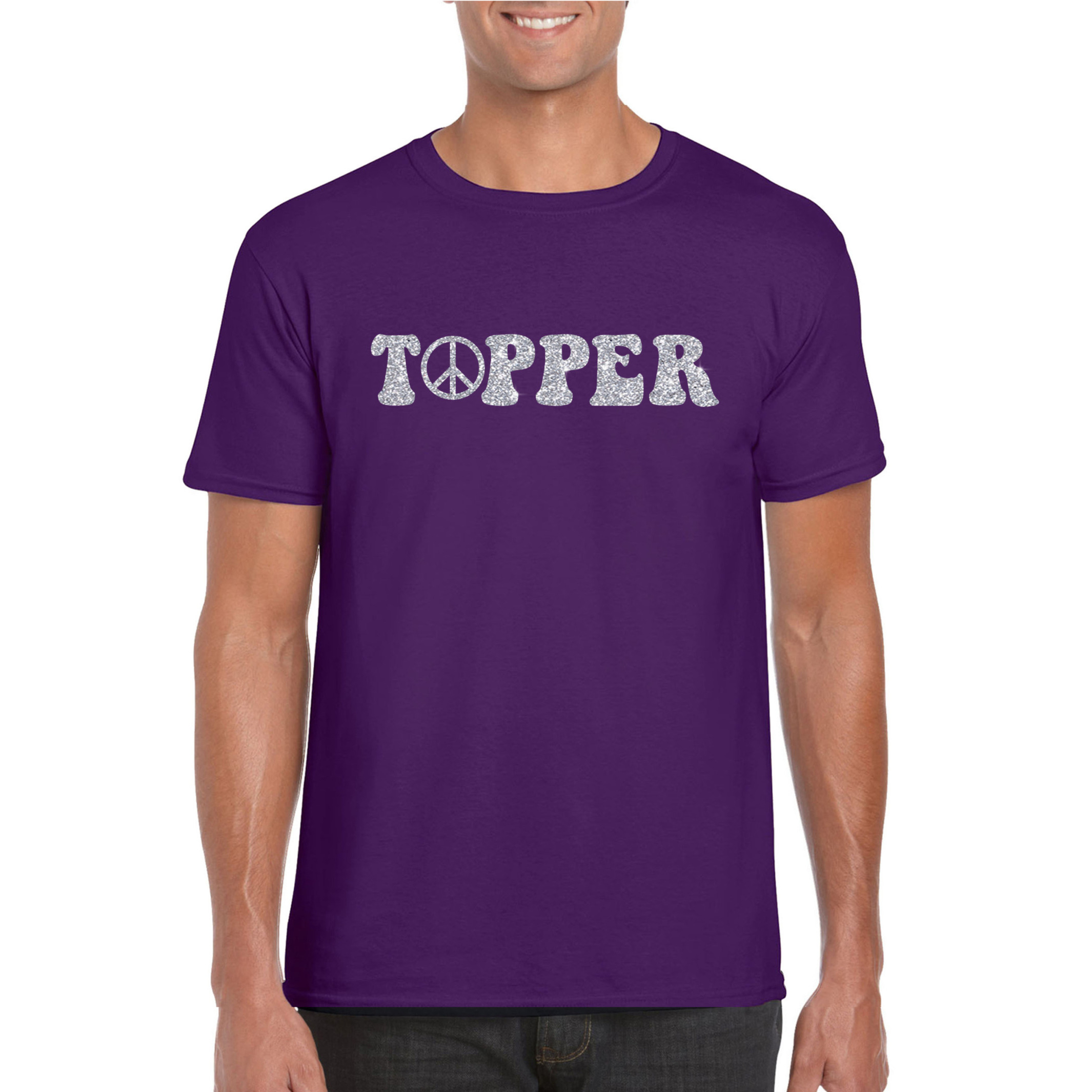 Toppers Paars Flower Power t-shirt Topper met zilveren letters heren