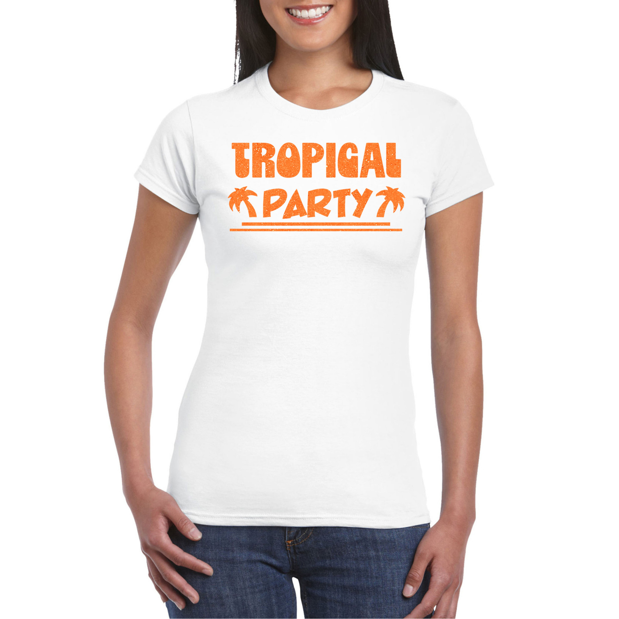 Toppers Tropical party T-shirt voor dames met glitters wit-oranje carnaval-themafeest