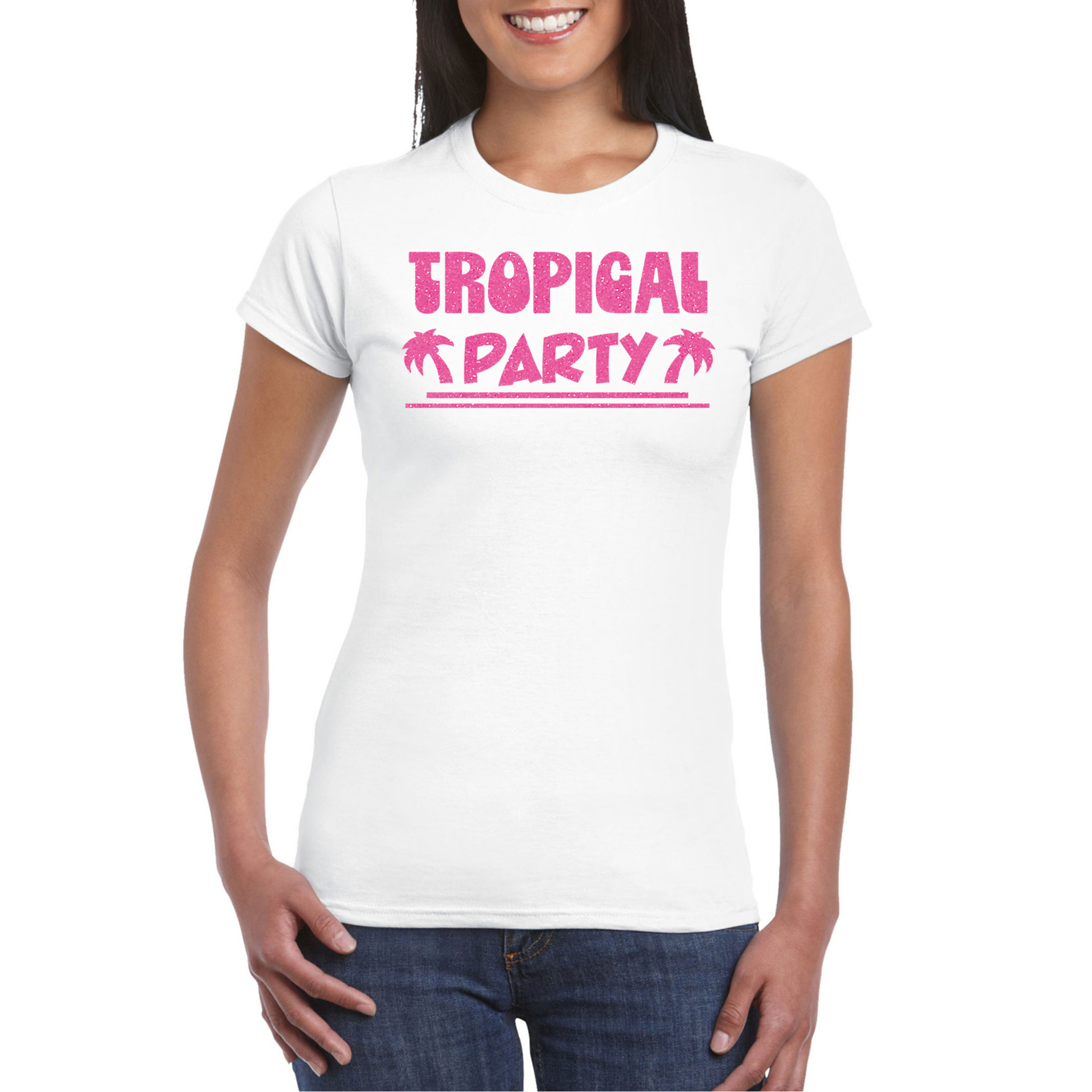 Toppers Tropical party T-shirt voor dames met glitters wit-roze carnaval-themafeest