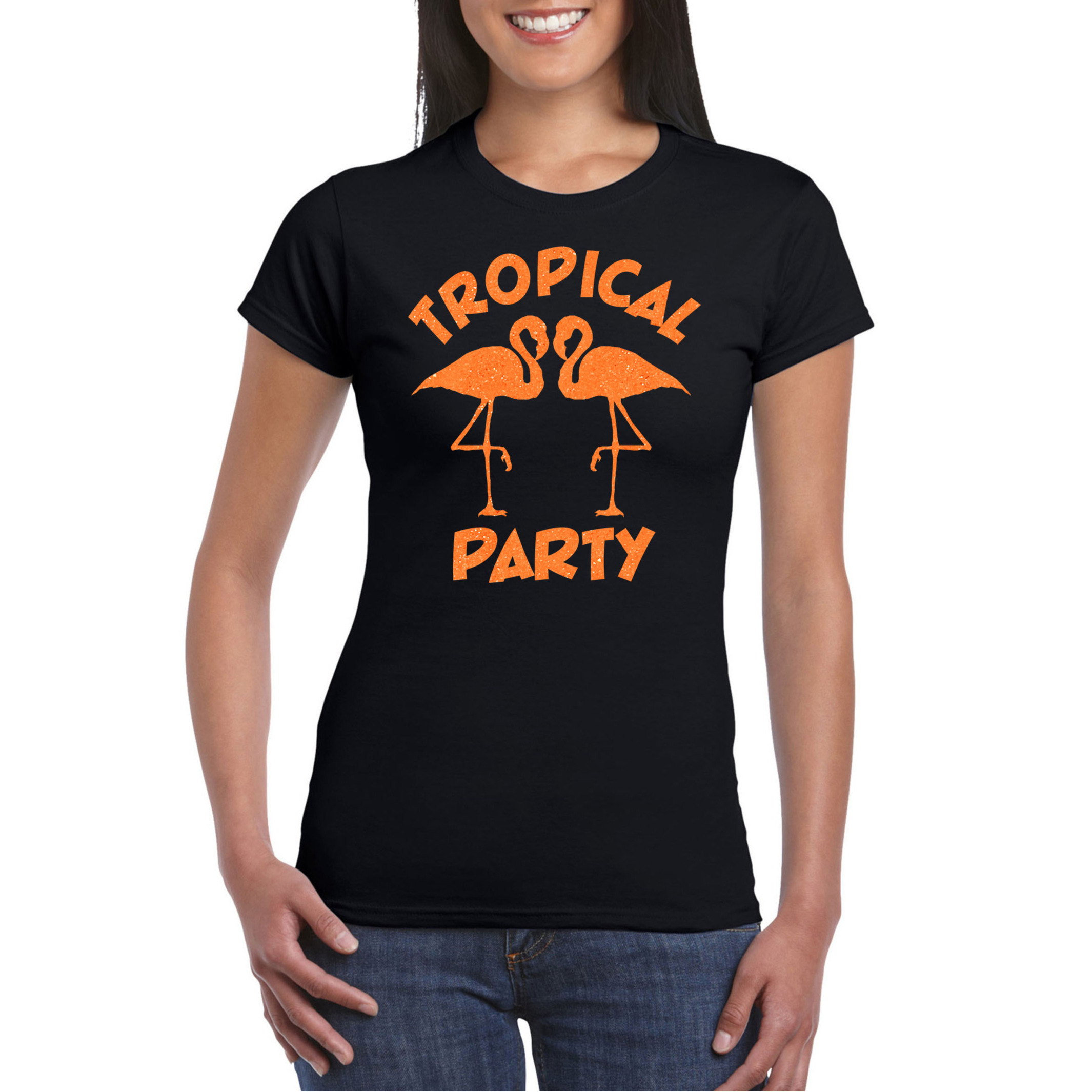 Toppers Tropical party T-shirt voor dames met glitters zwart-oranje carnaval-themafeest