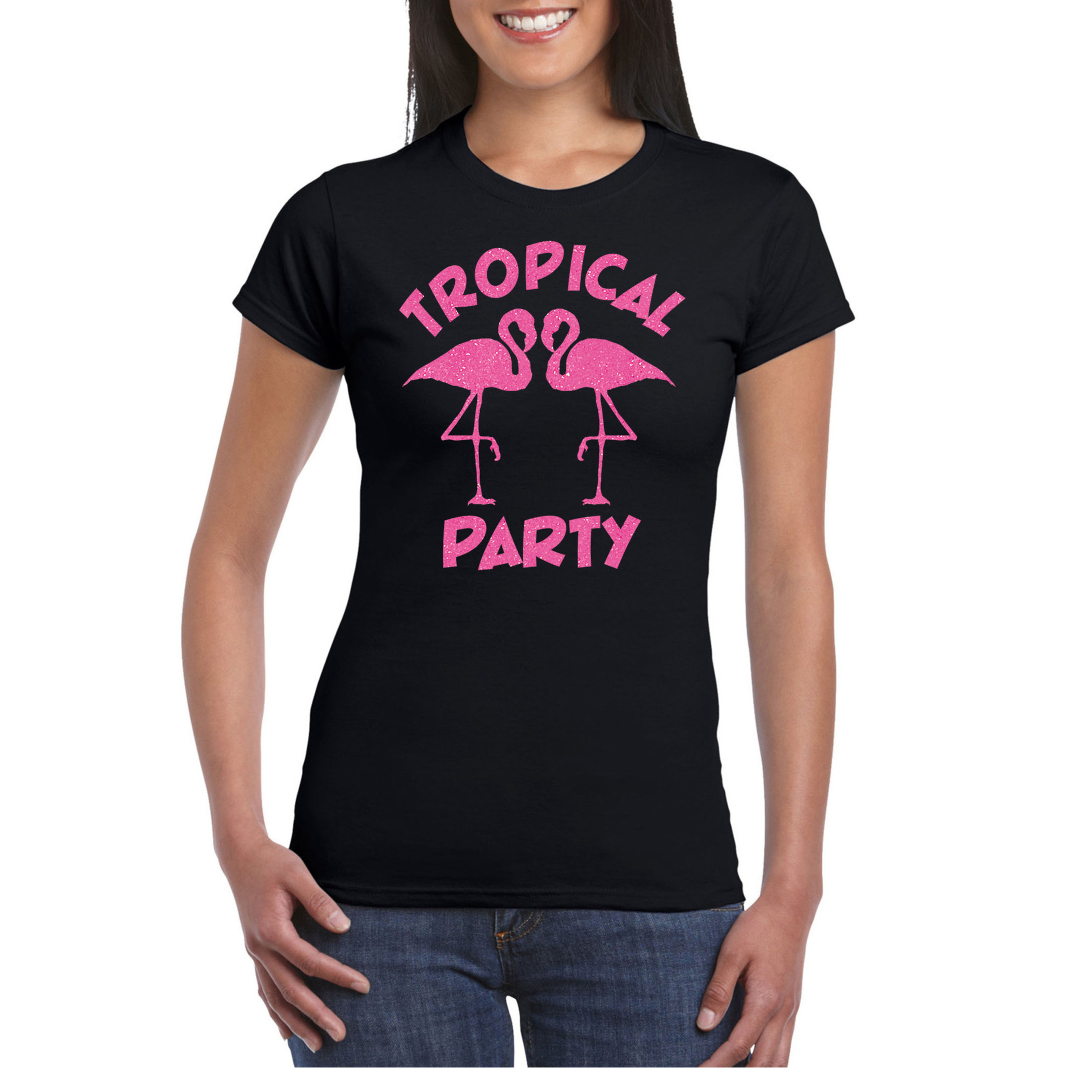 Toppers Tropical party T-shirt voor dames met glitters zwart-roze carnaval-themafeest