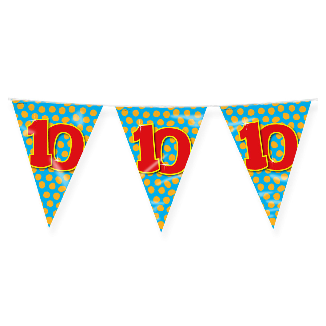 Verjaardag 10 jaar thema Vlaggetjes - Feestversiering - 10m - Folie - Dubbelzijdig