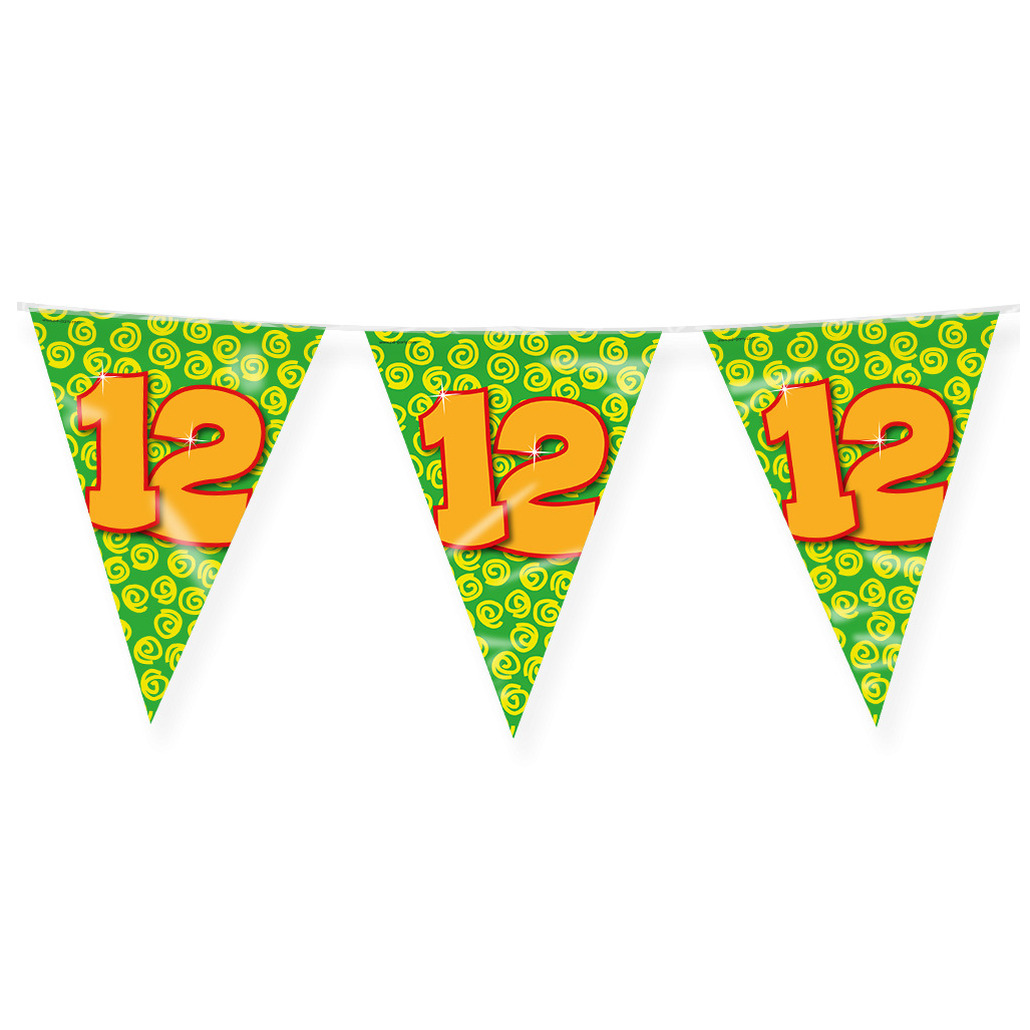 Verjaardag 12 jaar thema Vlaggetjes - Feestversiering - 10m - Folie - Dubbelzijdig