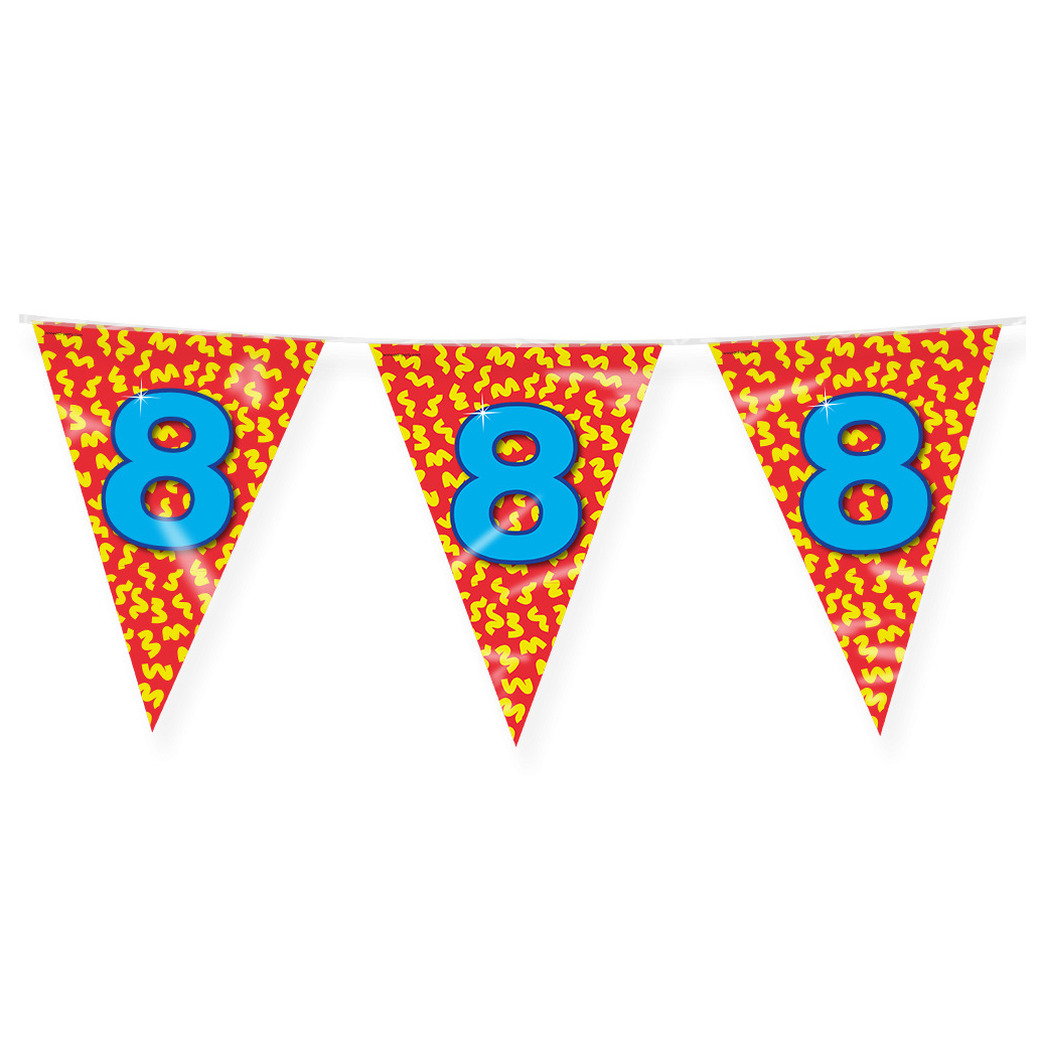 Verjaardag 8 jaar thema Vlaggetjes - Feestversiering - 10m - Folie - Dubbelzijdig