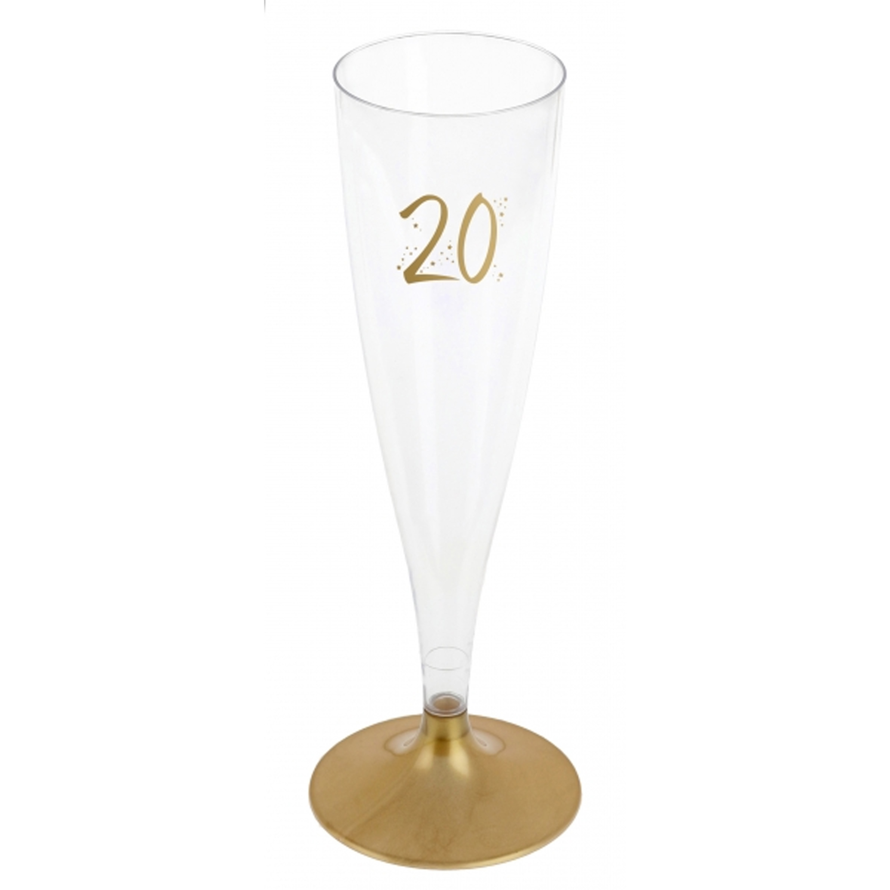 Verjaardag feest champagneglazen leeftijd 6x 20 jaar goud kunststof