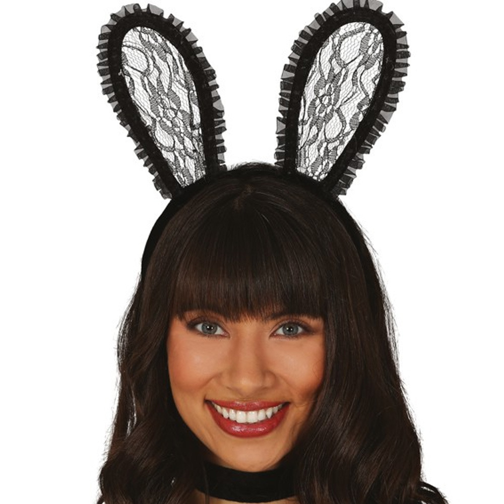 Verkleed diadeem sexy paashaas-bunny oren zwart kant dames Carnaval