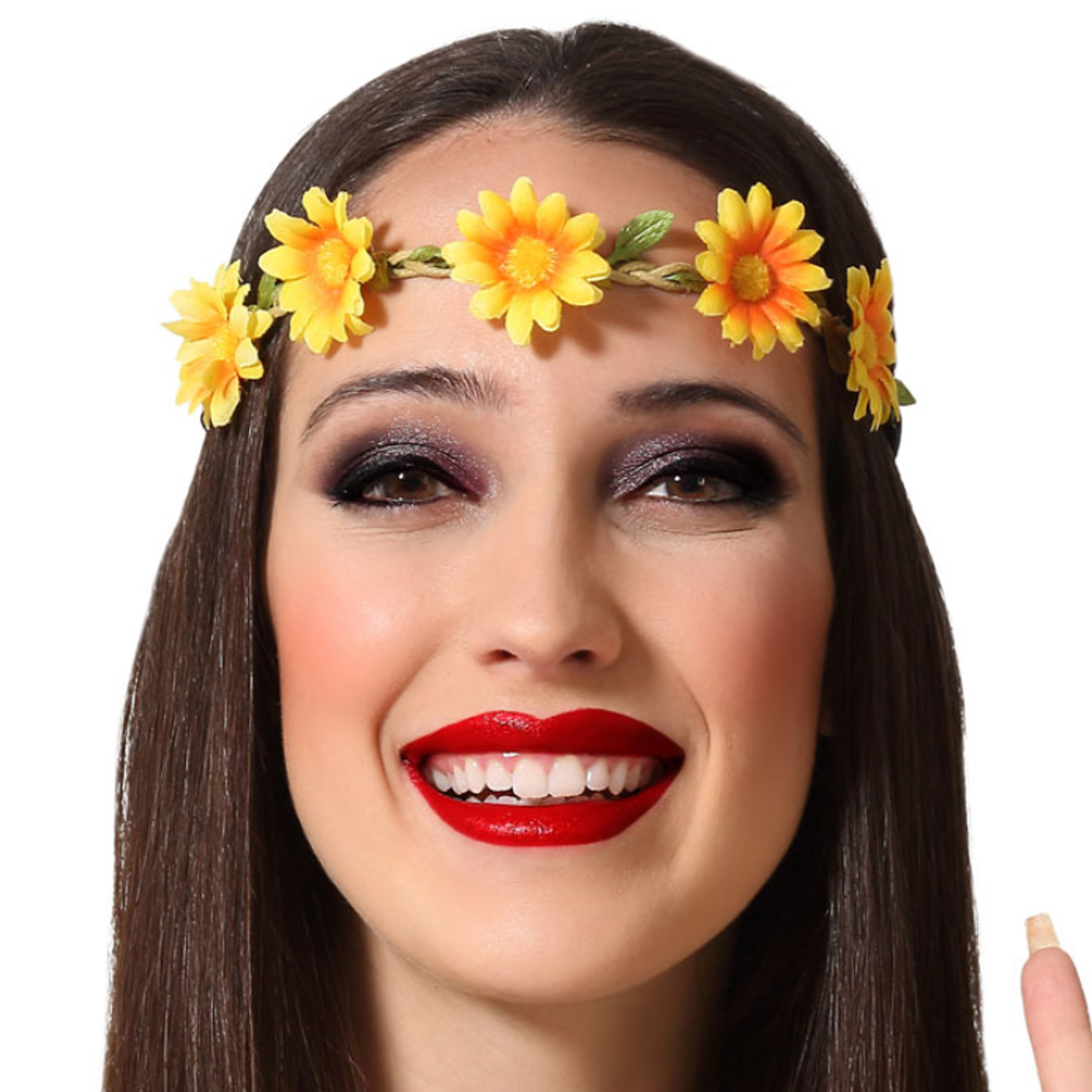 Verkleed haarband met bloemen geel meisjes-dames Hippie-Flower Power