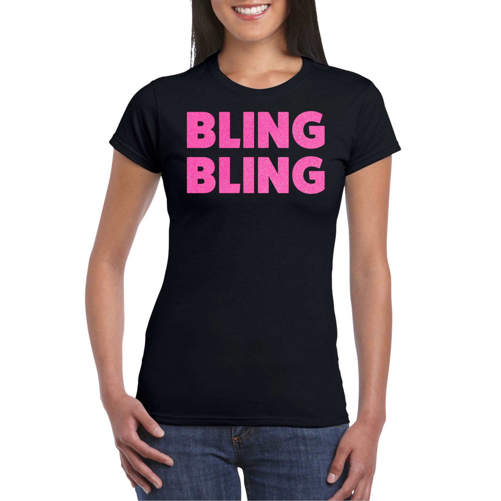 Verkleed T-shirt voor dames bling zwart roze glitter glitter and glamour carnaval
