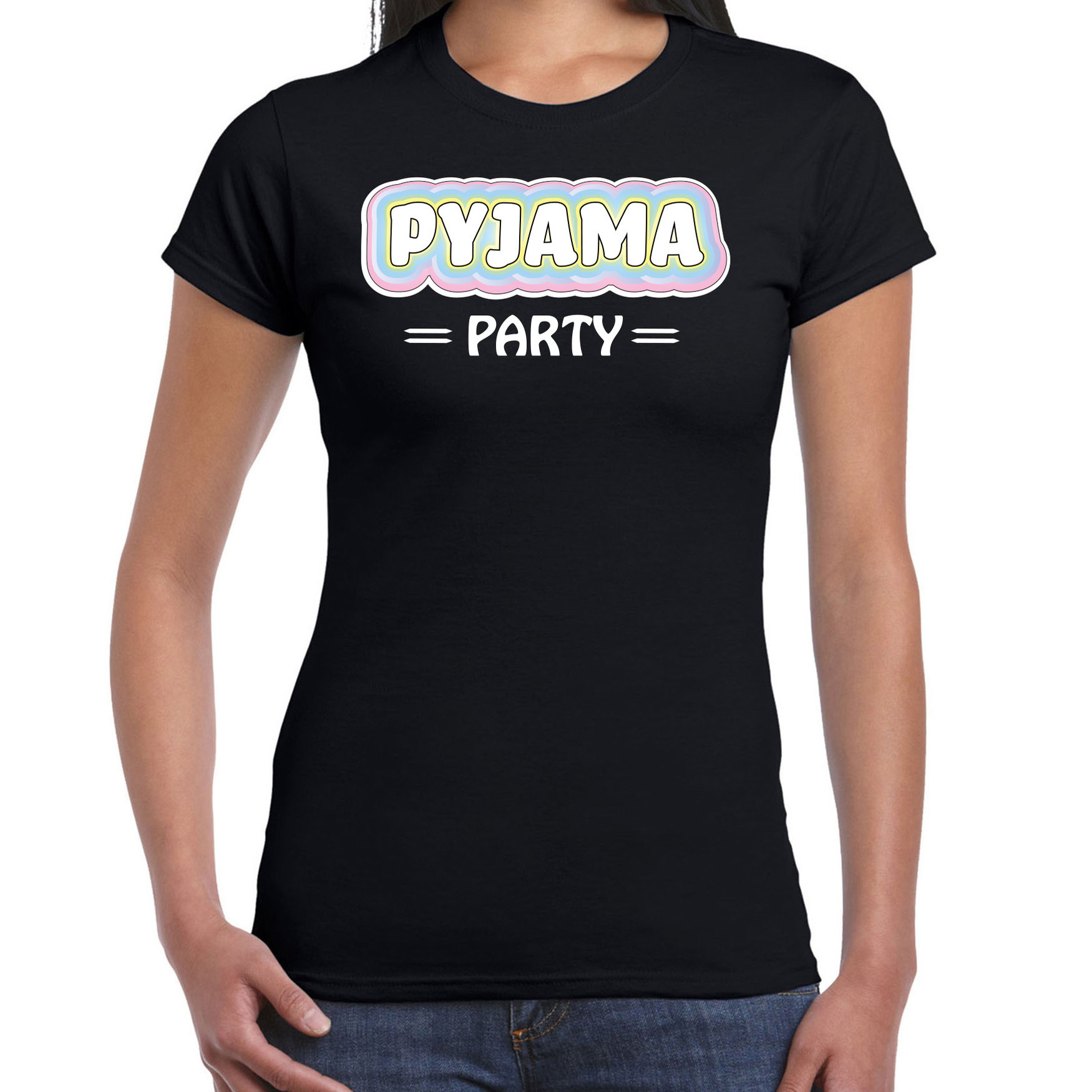 Verkleed T-shirt voor dames pyjama party zwart carnaval foute party