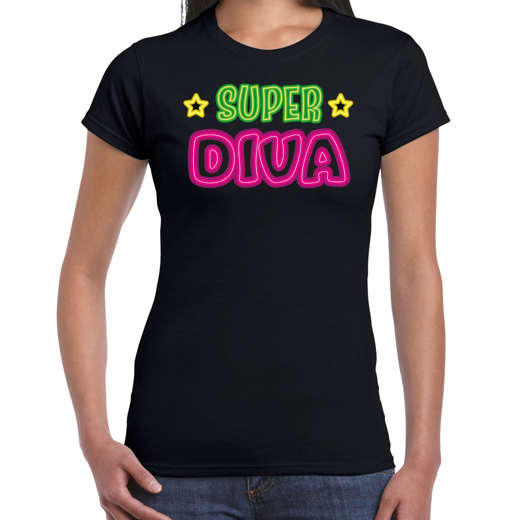 Verkleed t-shirt voor dames Super diva zwart neon letters carnaval-themafeest