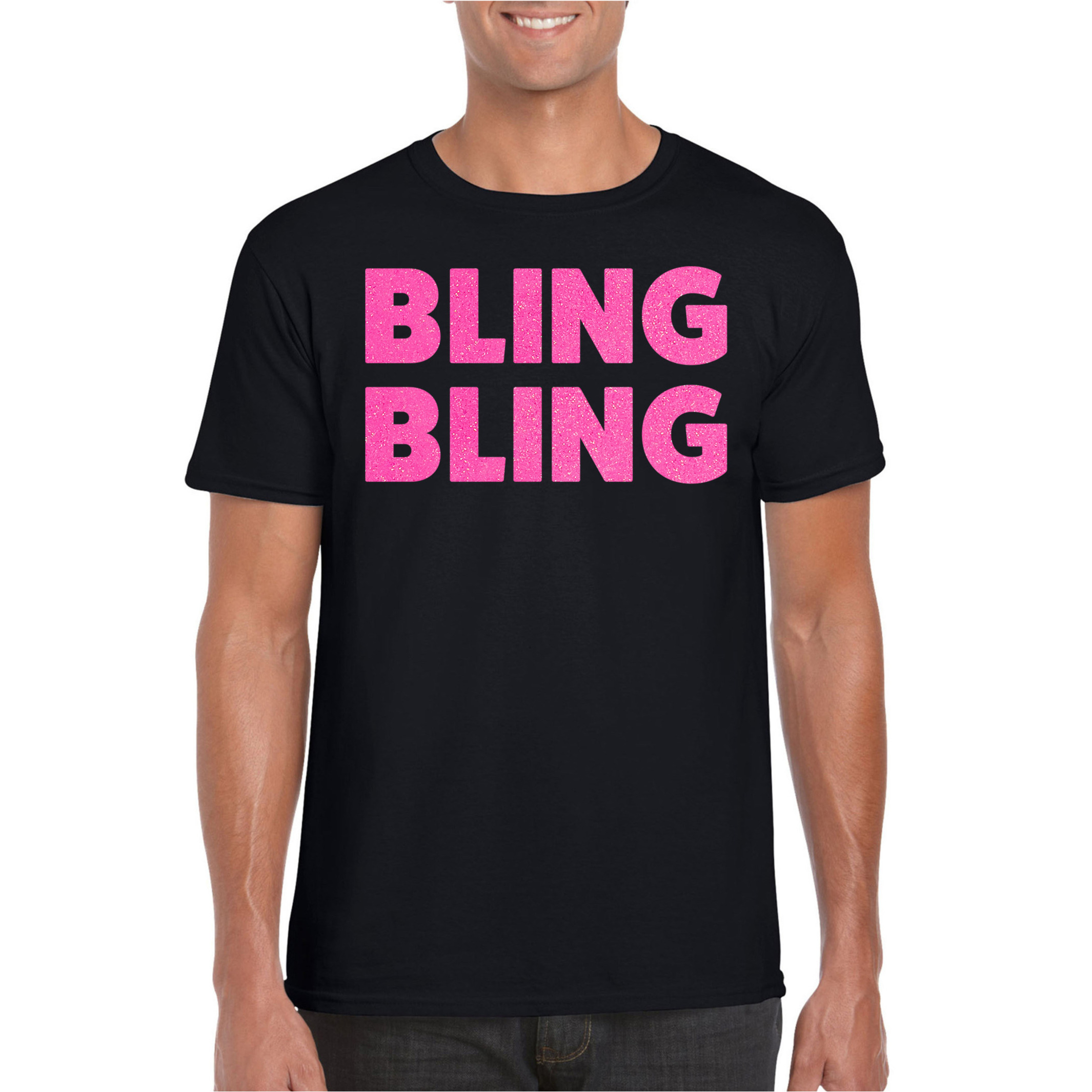 Verkleed T-shirt voor heren bling zwart roze glitter glitter and glamour carnaval