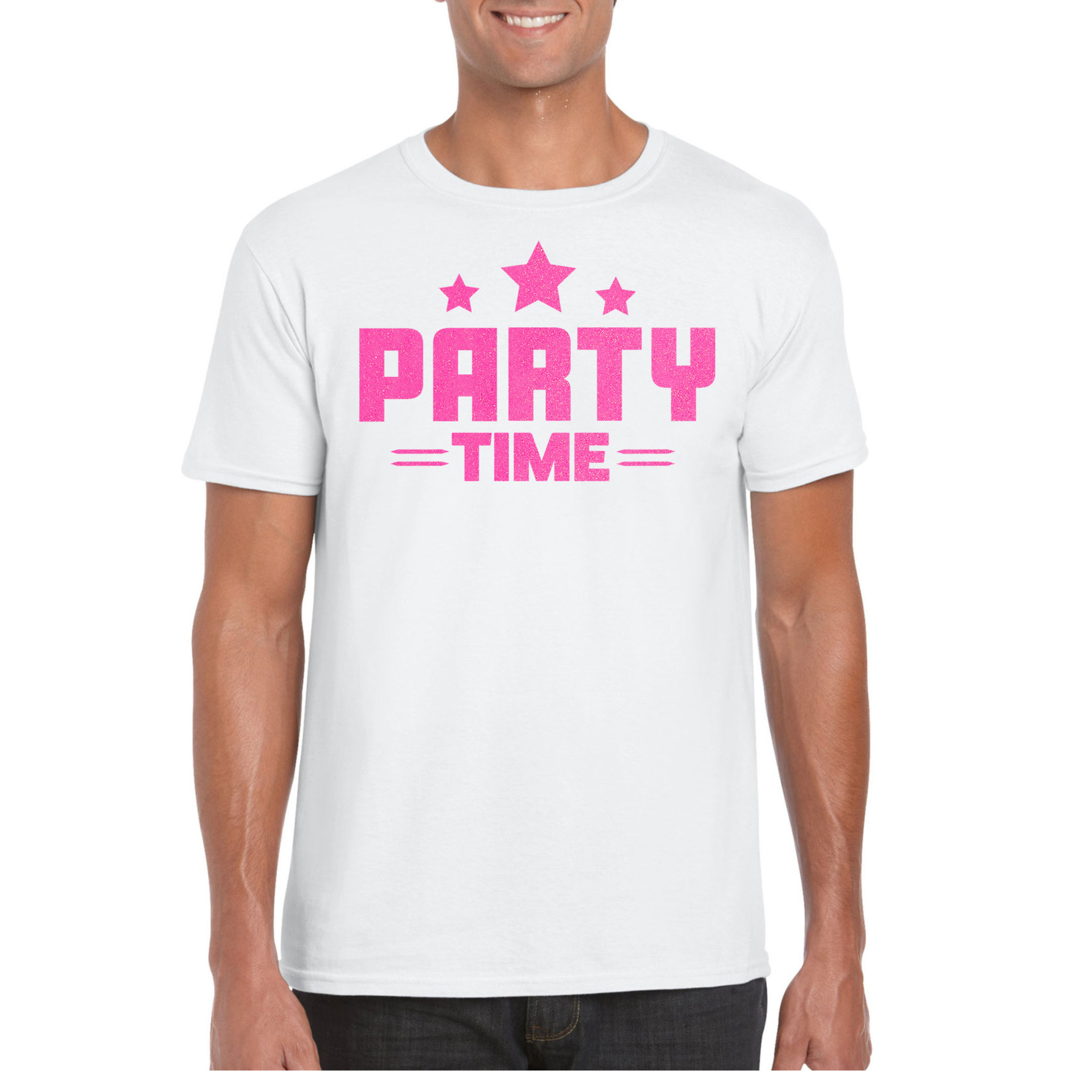 Verkleed T-shirt voor heren party time wit roze glitter carnaval-themafeest