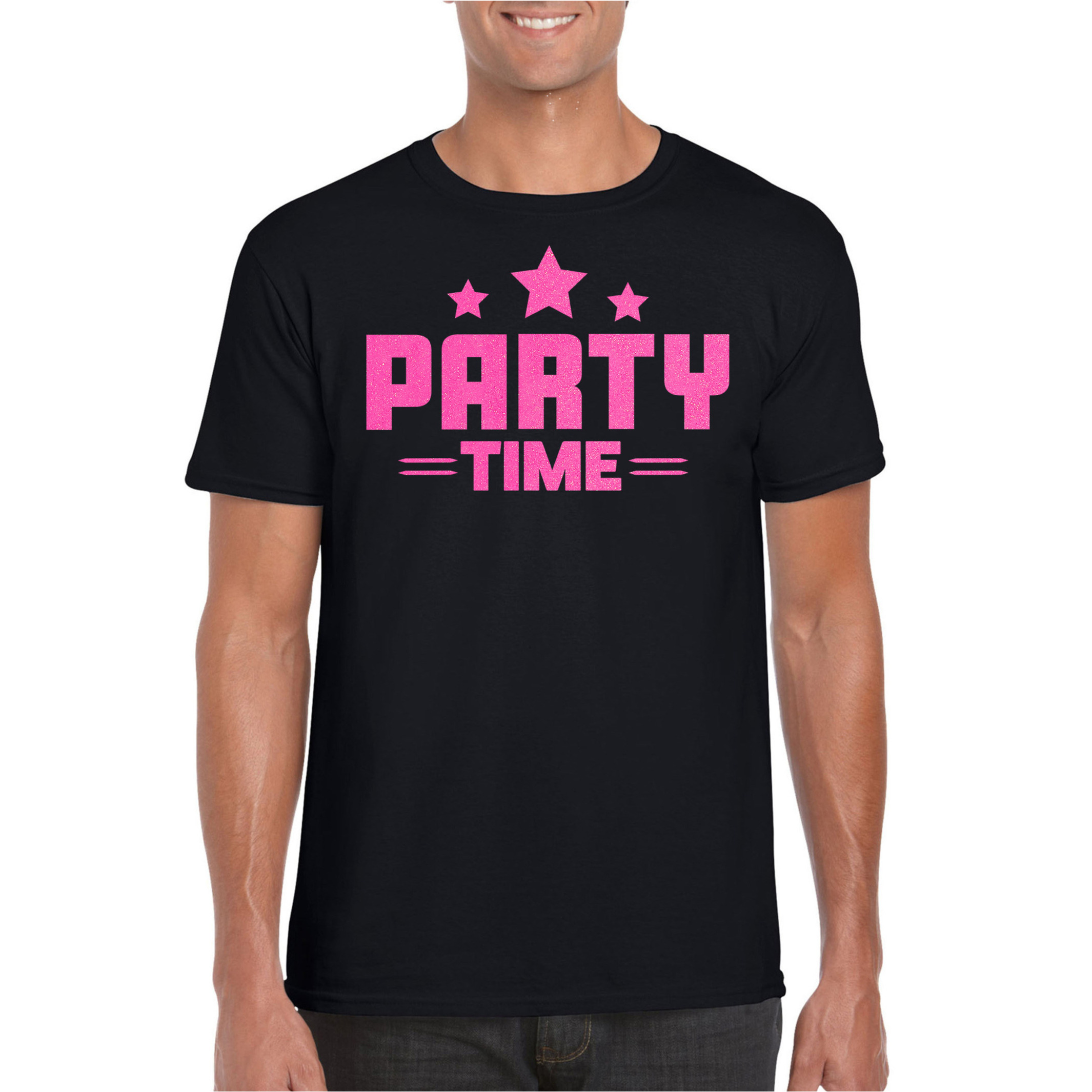Verkleed T-shirt voor heren party time zwart roze glitter carnaval-themafeest