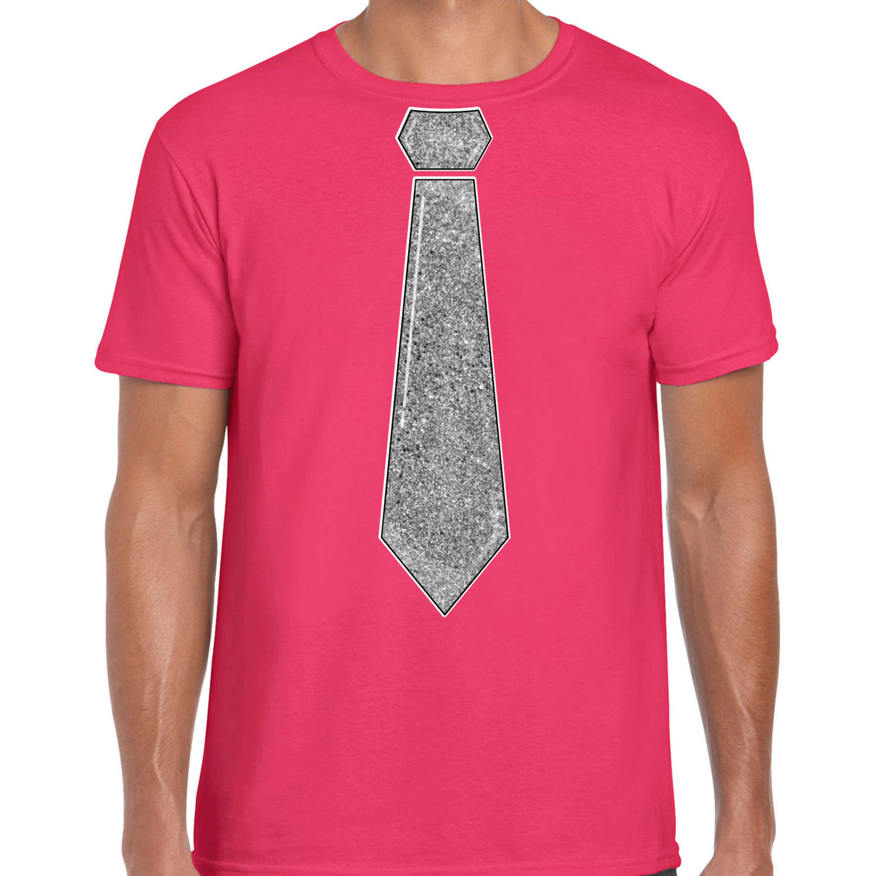 Verkleed t-shirt voor heren stropdas glitter zilver roze carnaval foute party