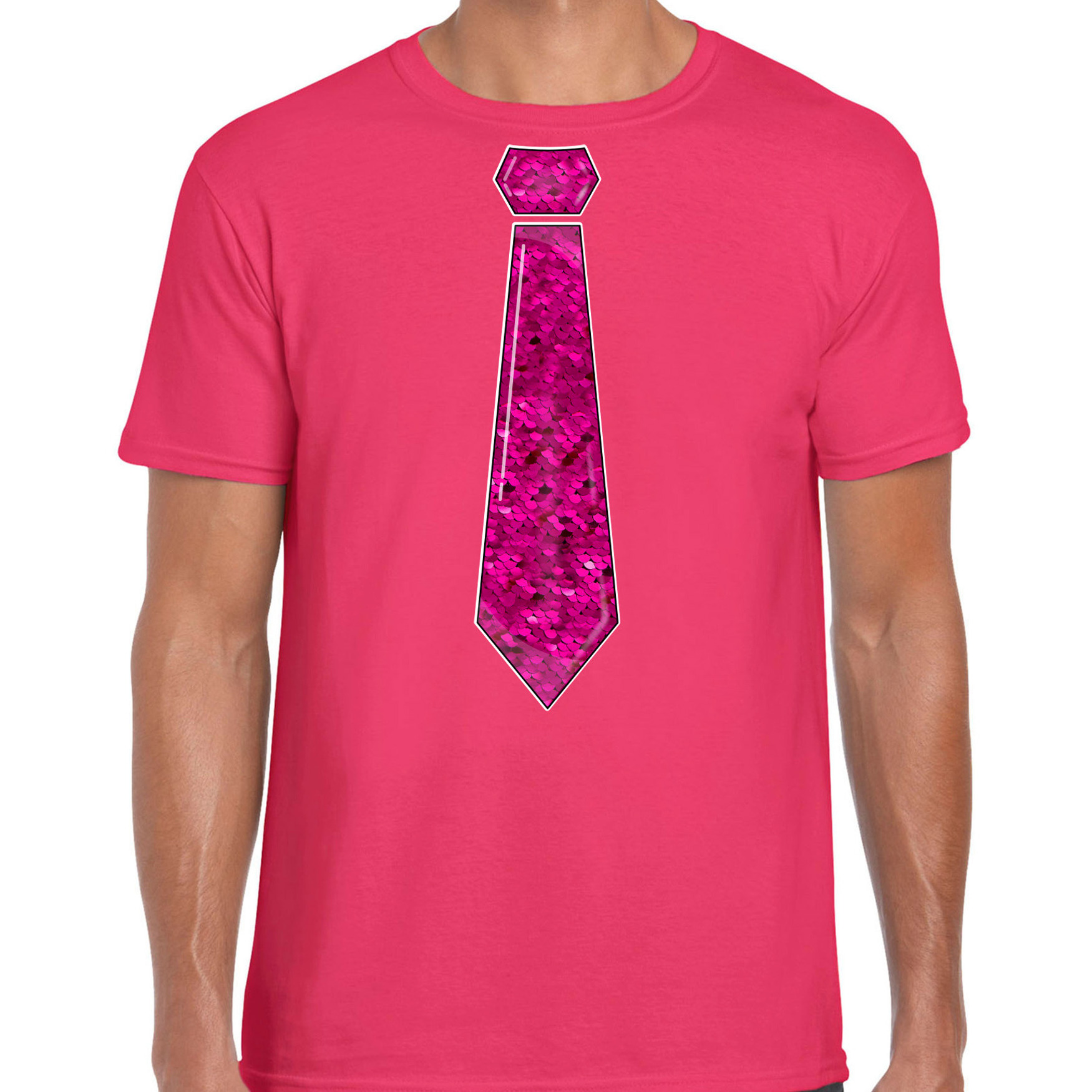 Verkleed t-shirt voor heren stropdas roze pailletten roze carnaval foute party