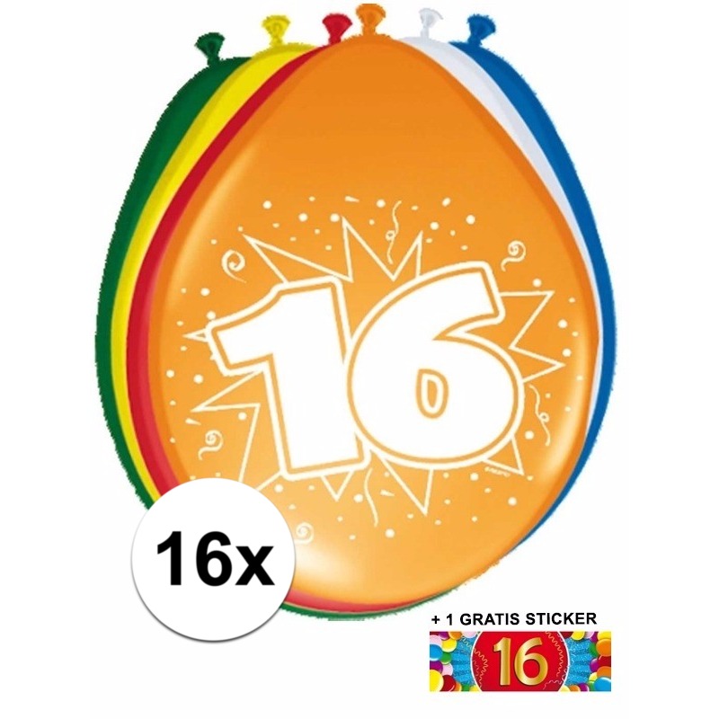 Versiering 16 jaar ballonnen 30 cm 16x + sticker