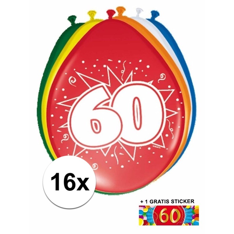 Versiering 60 jaar ballonnen 30 cm 16x + sticker
