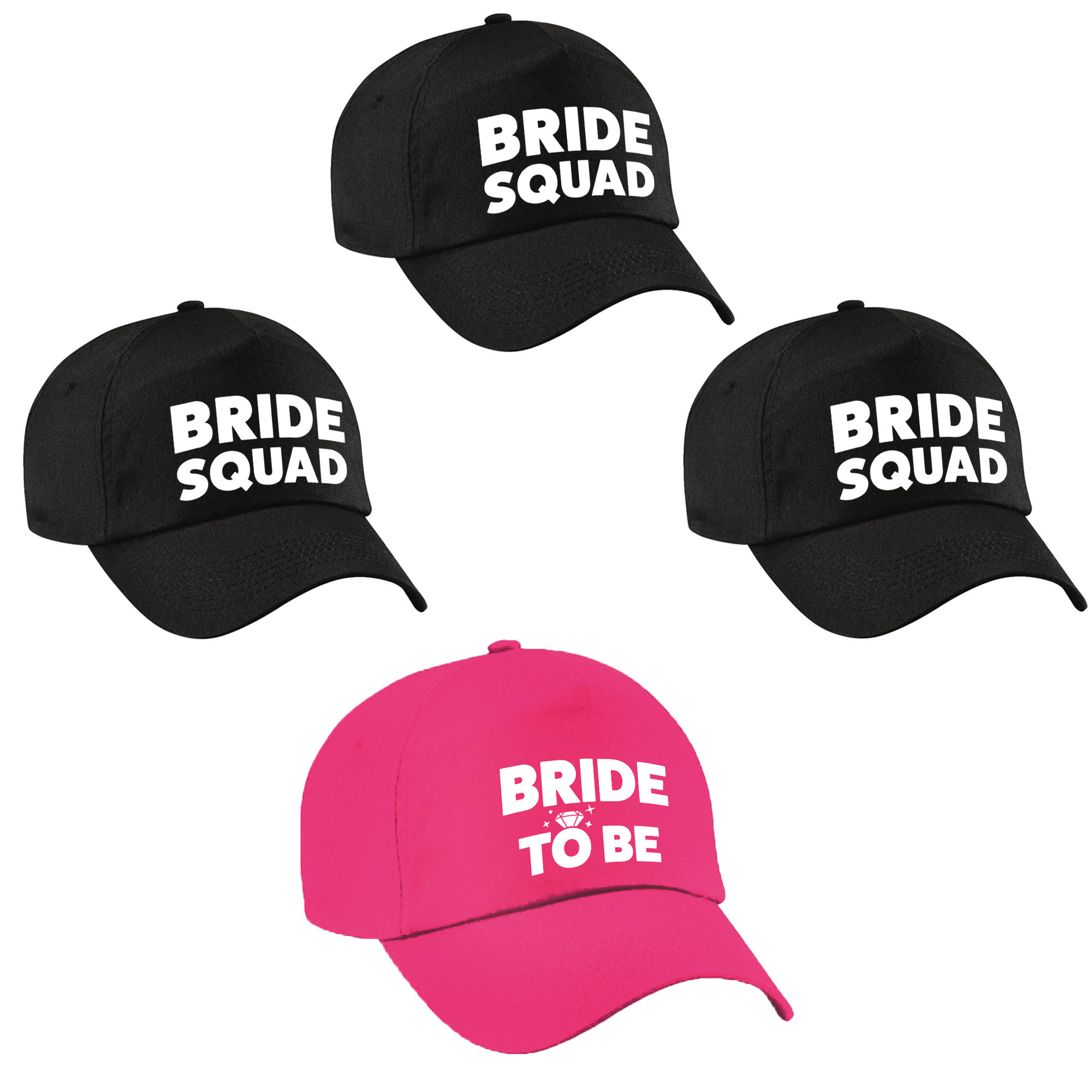 Vrijgezellenfeest dames petjes pakket 1x Bride to Be roze + 5x Bride Squad zwart
