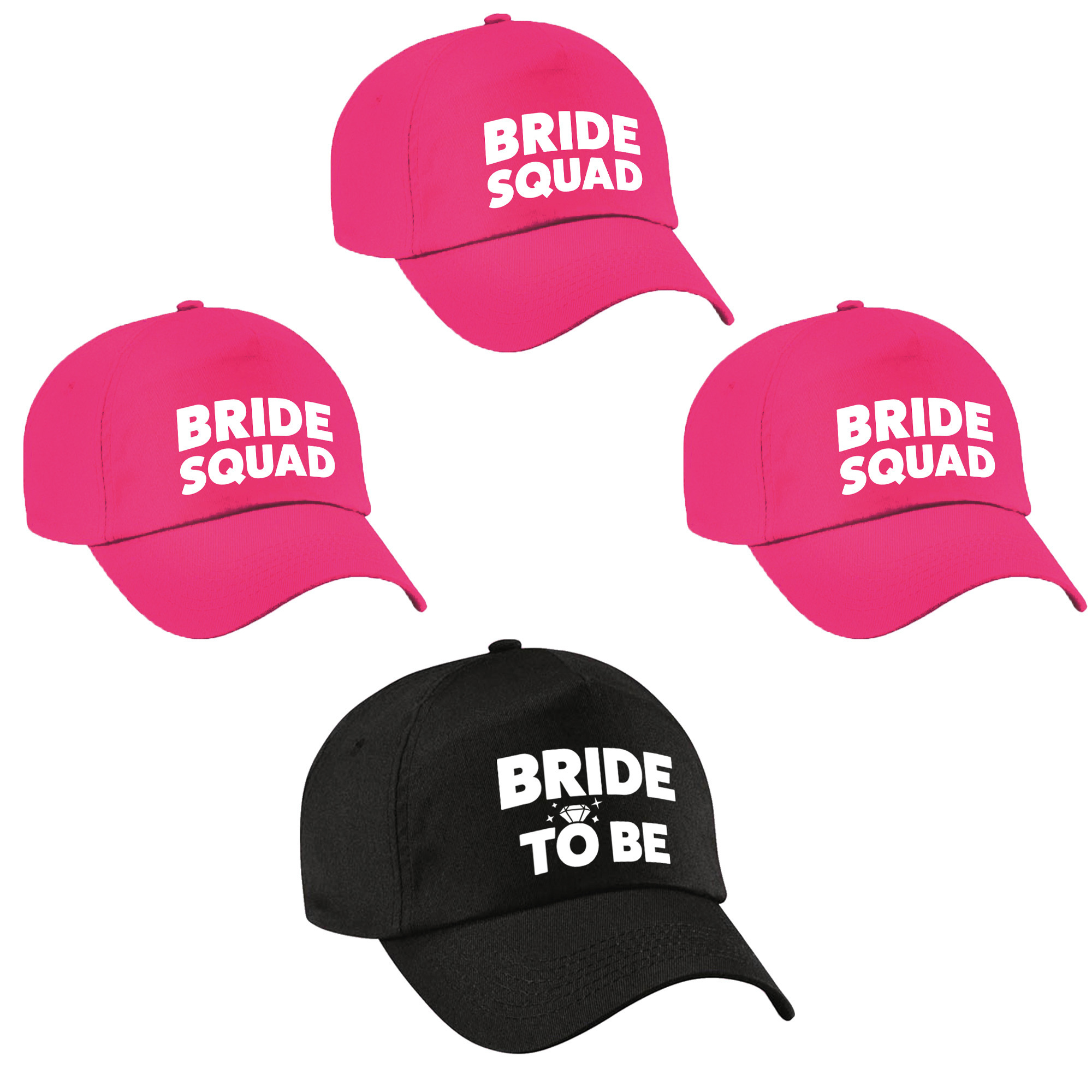 Vrijgezellenfeest dames petjes pakket 1x Bride to Be zwart + 5x Bride Squad roze