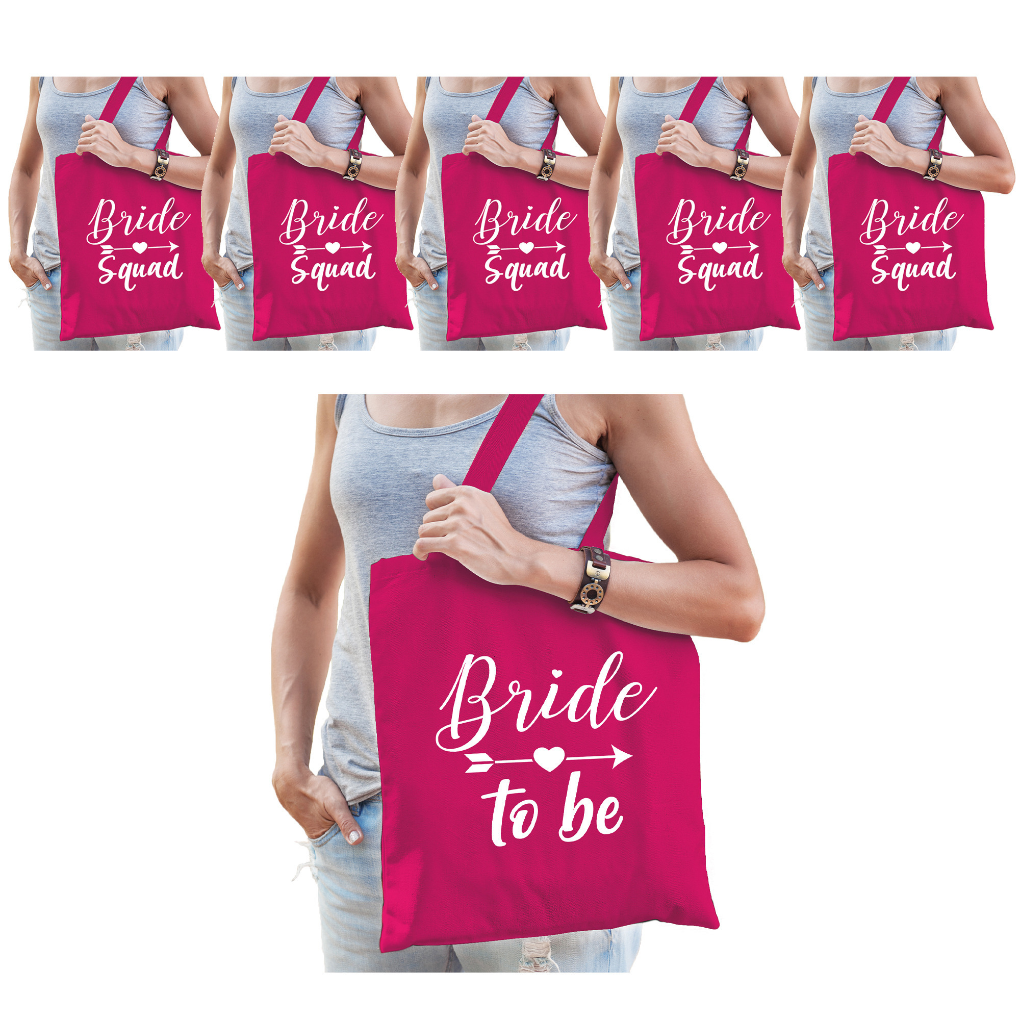 Vrijgezellenfeest dames tasjes- goodiebag pakket: 1x Bride to Be roze+ 5x Bride Squad roze
