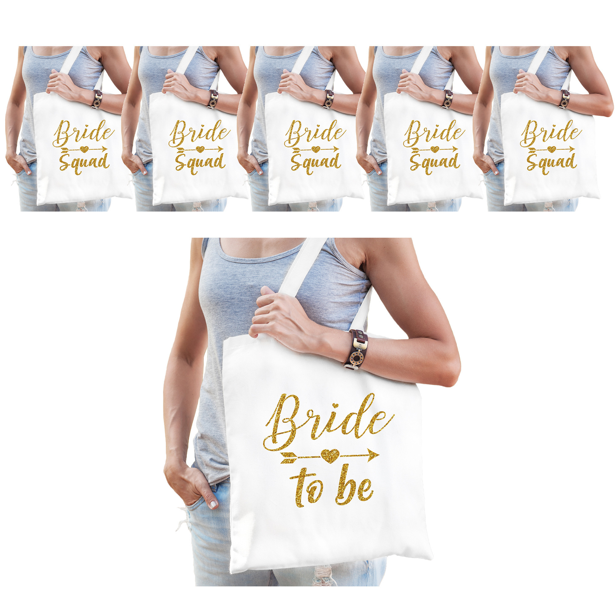 Vrijgezellenfeest dames tasjes- goodiebag pakket: 1x Bride to Be wit+ 5x Bride Squad wit