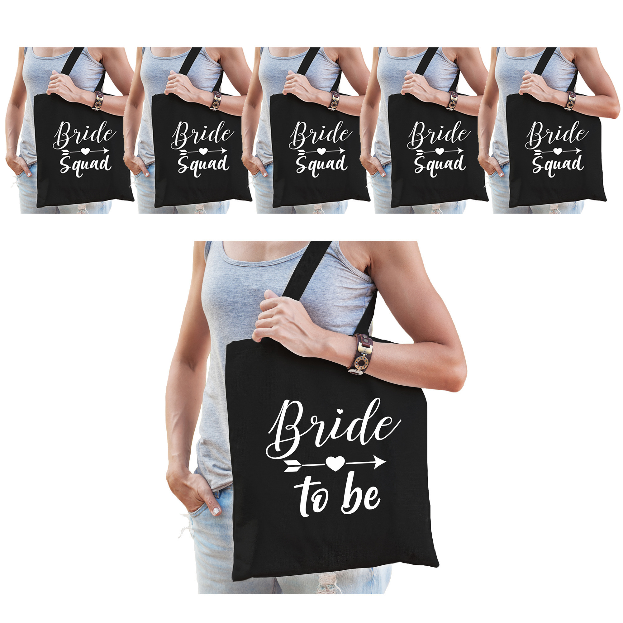 Vrijgezellenfeest dames tasjes- goodiebag pakket: 1x Bride to Be zwart+ 5x Bride Squad zwart