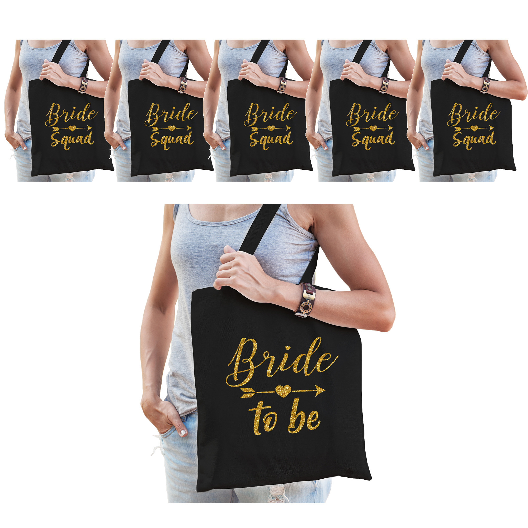 Vrijgezellenfeest dames tasjes- goodiebag pakket: 1x Bride to Be zwart goud+ 5x Bride Squad zwart go