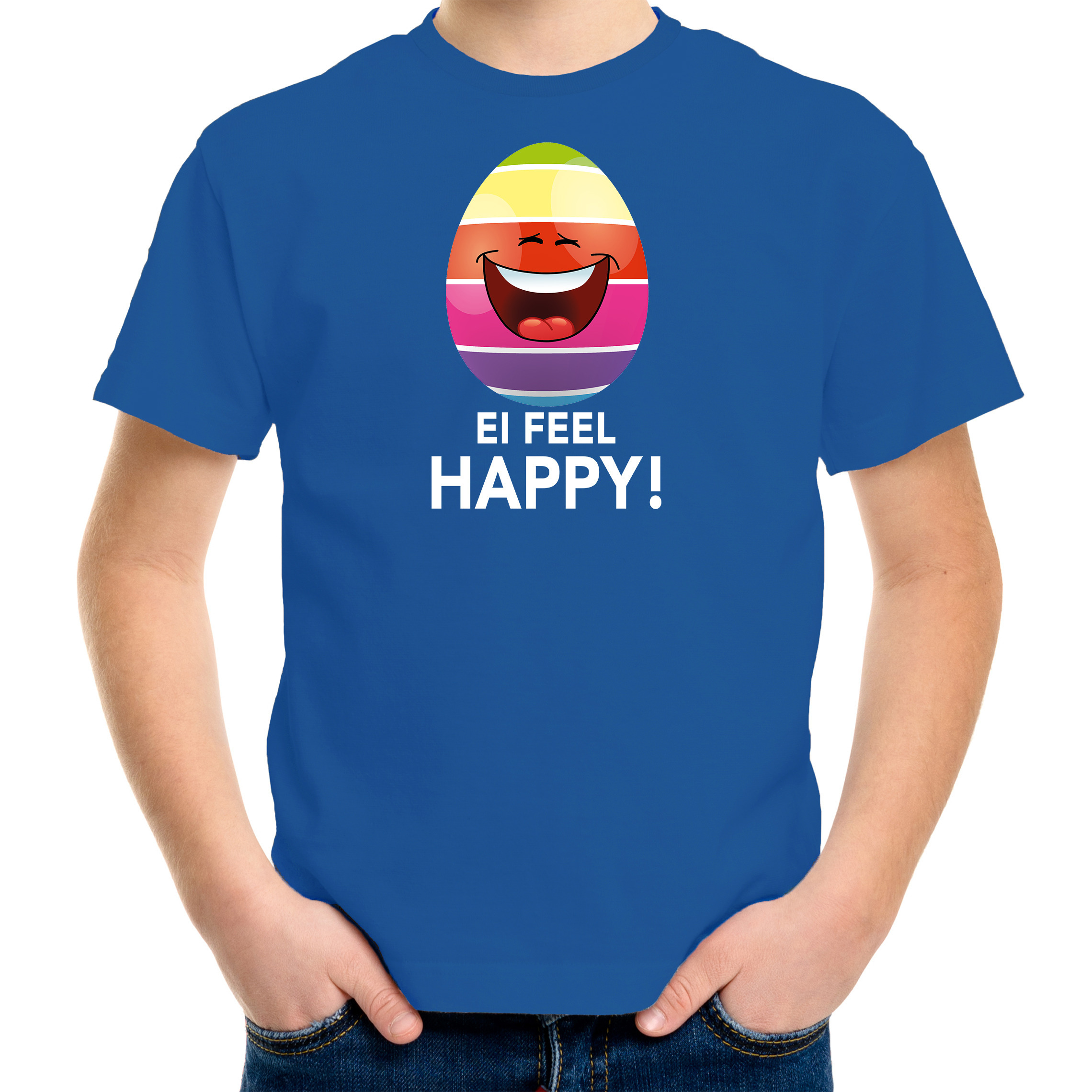 Vrolijk Paasei ei feel happy t-shirt blauw voor kinderen Paas kleding-outfit