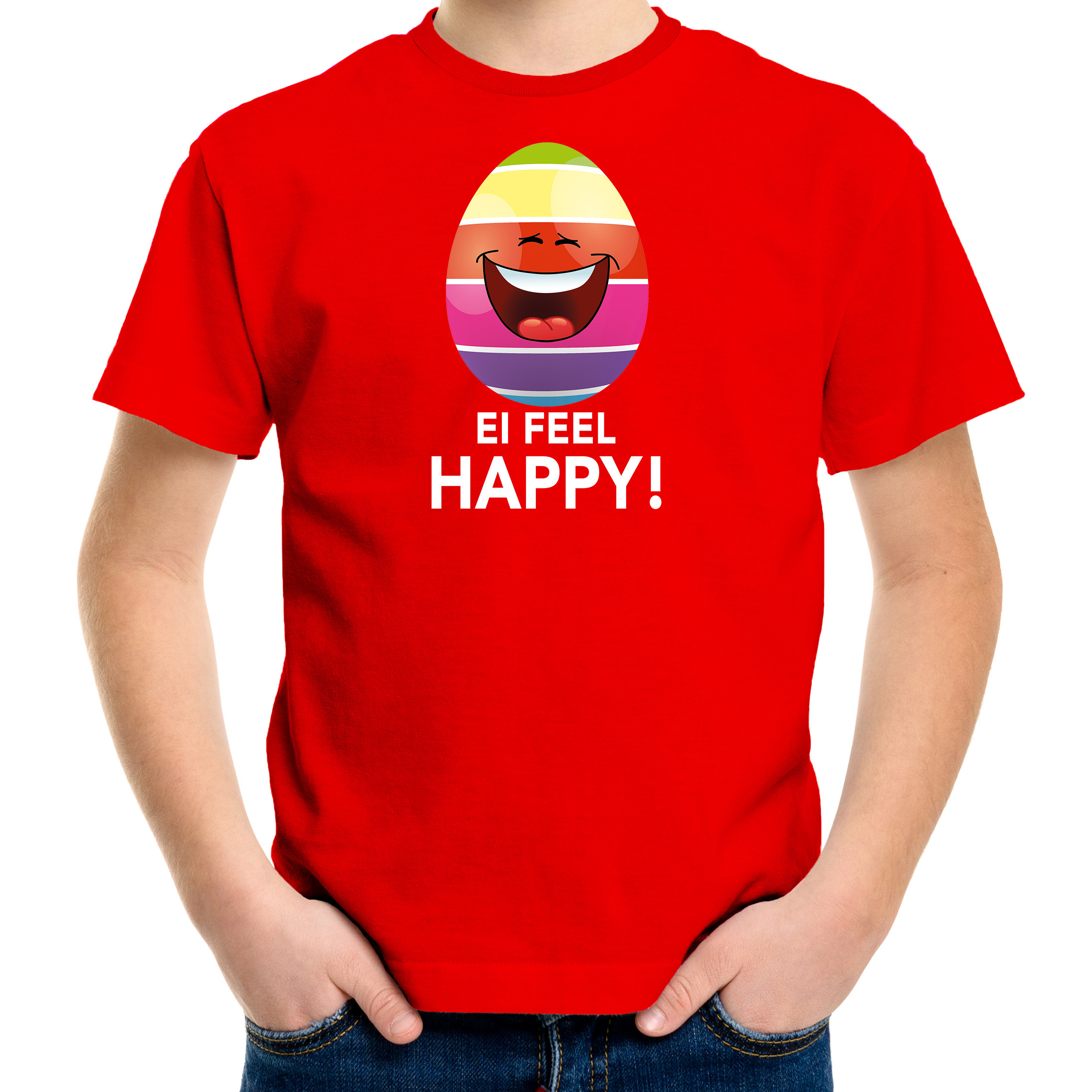 Vrolijk Paasei ei feel happy t-shirt rood voor kinderen Paas kleding-outfit