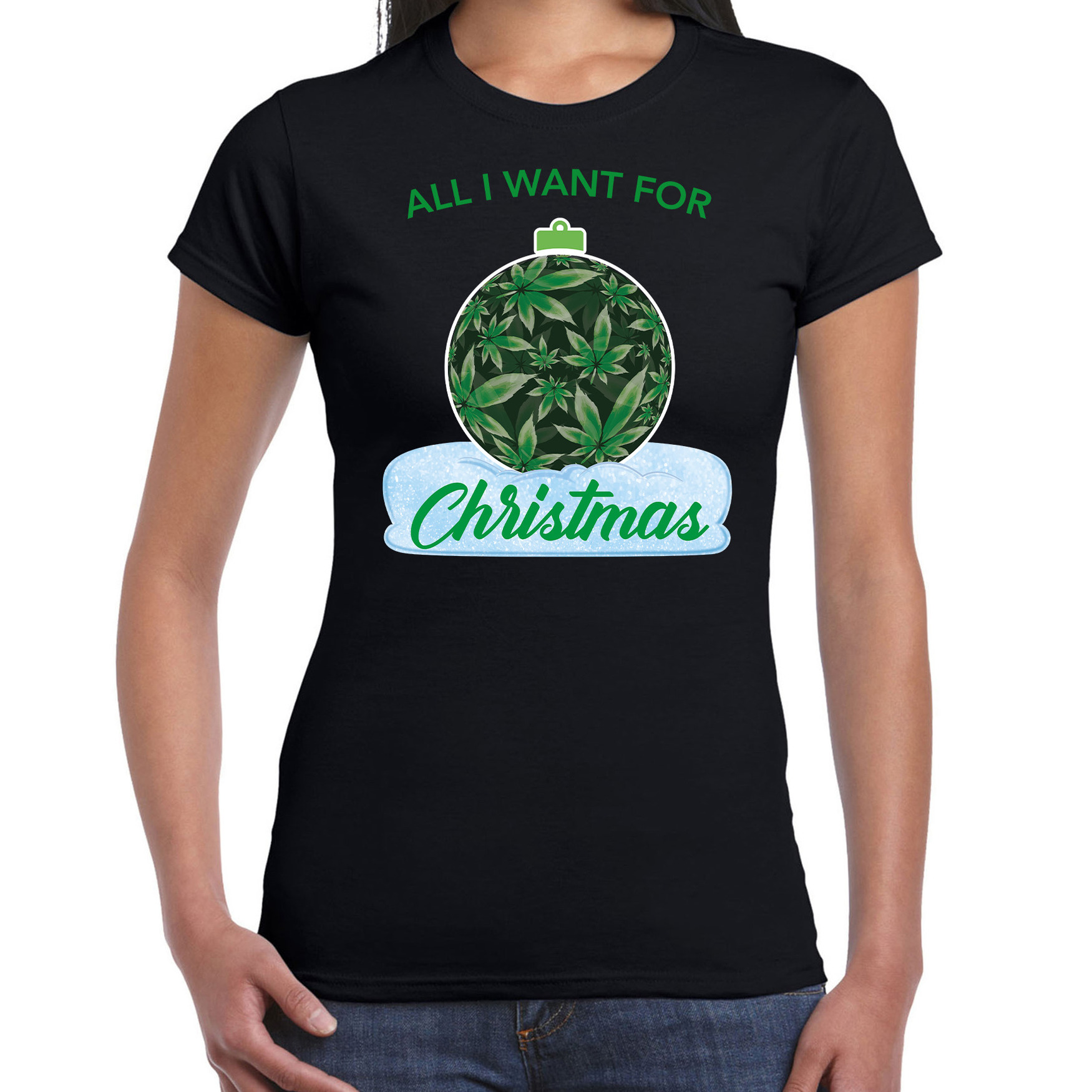 Wiet Kerstbal shirt-Kerst t-shirt All i want for Christmas zwart voor dames