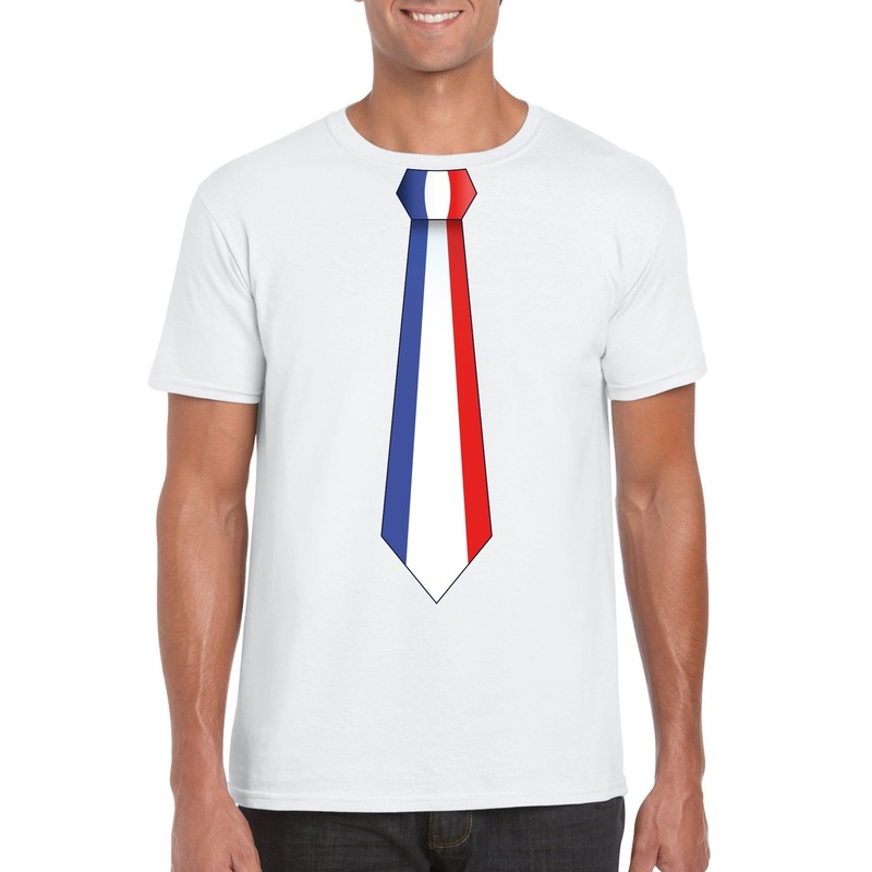 Wit t-shirt met Frankrijk vlag stropdas heren